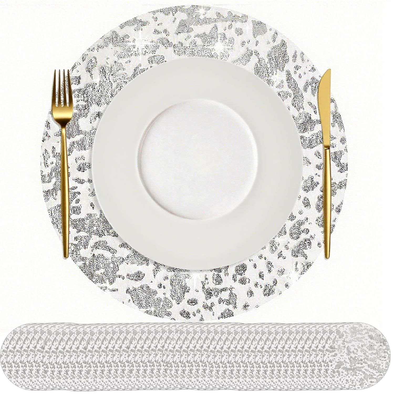 Photo 1 of 130 pcs Silver Placemats, 13 Inch Round, Disposable placemats for Party, Church, Wedding Decoration