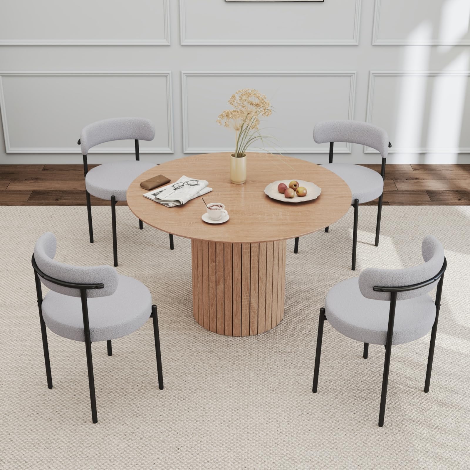 GrandCA HOME Conjunto de Mesa y Sillas de Comedor, Mesa de Comedor Redonda de Madera de 120 cm + 4 Sillas, para 4-6 Personas, en Marrón Claro y Gris