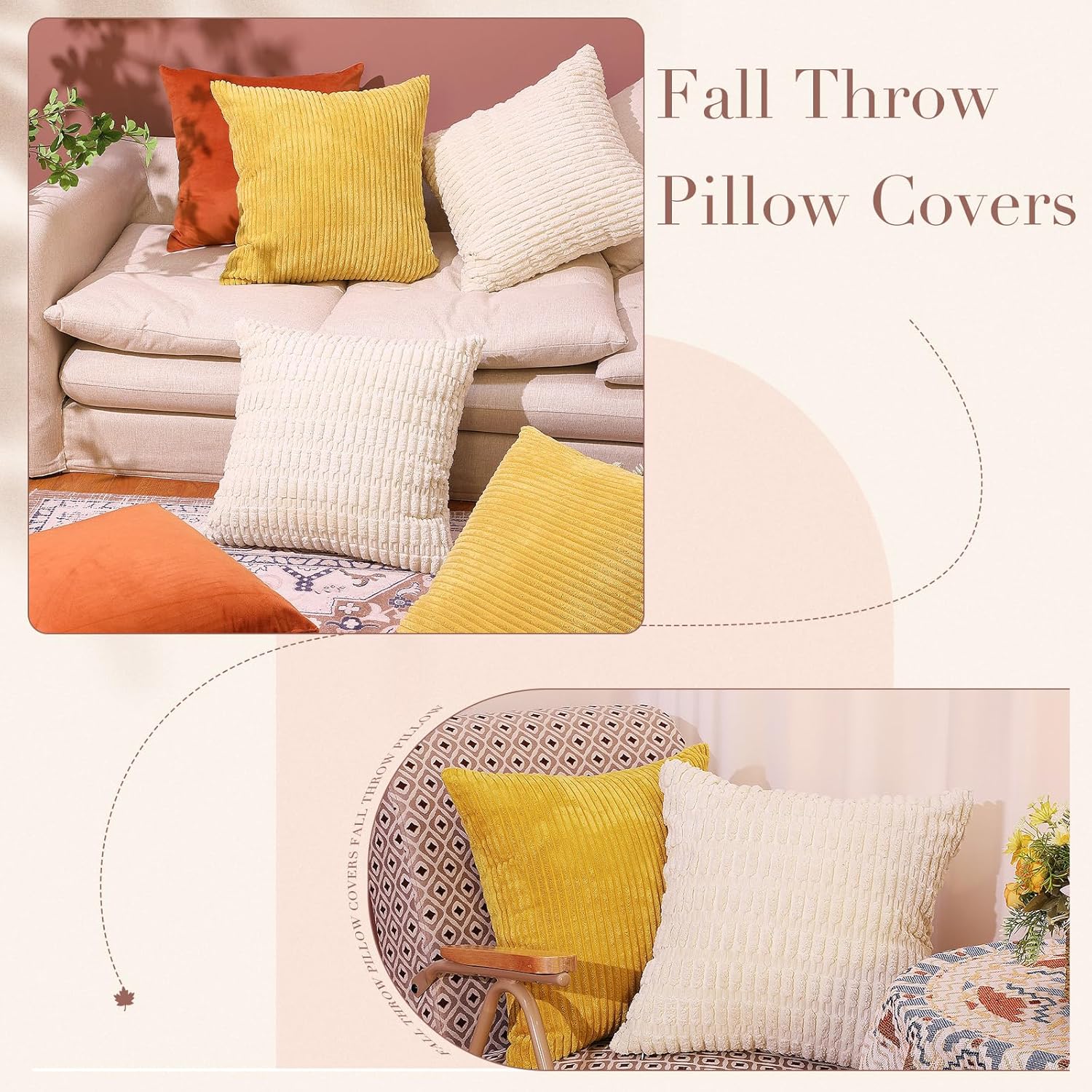 Preboun 6 Pcs Corduroy Fall Pillow Covers 18x18 in Square Decorative Throw Covers Soft Modern Boho Striped Pillow Cases for Couch Sofa Home Thanksgiving Autumn Holiday Decoration Accessories