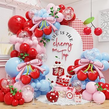 Cherry Balloon Garland Arch Kit, Pink Red and Blue Balloons with Pink Bow Red Cherry Foil Balloons for Birthday Party Shes The Cherry On Top Baby Shower Wedding Galentines Bridal Party Decorations