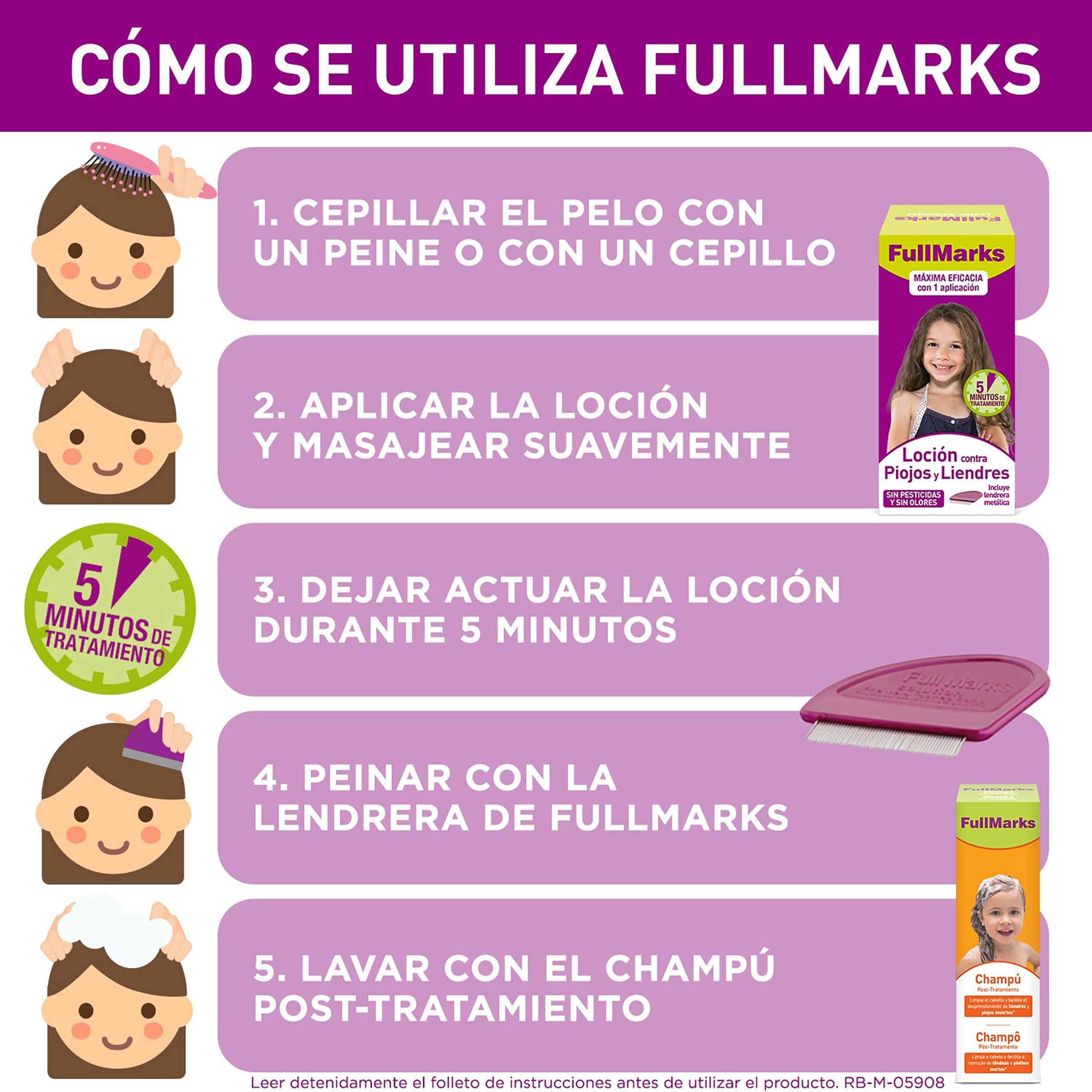 Full Marks Kit Tratamiento Antipiojos para Niños, Elimina los Piojos, Contiene Loción 100 ml, Champú Post-Tratamiento 150 ml y Lendrera Metálica, Pack ahorro x4