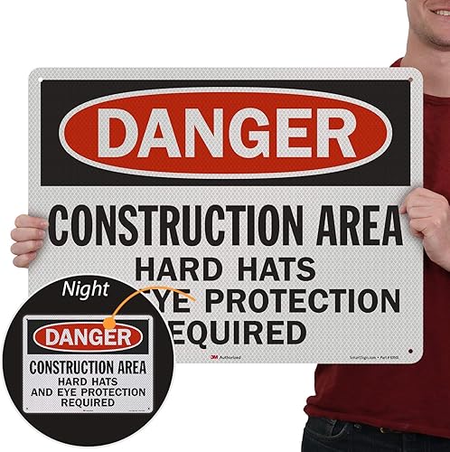 SmartSign Letrero "Peligro - Área de construcción, requiere cascos duros" 18 x 24 pulgadas 3M de aluminio reflectante de grado de alta intensidad