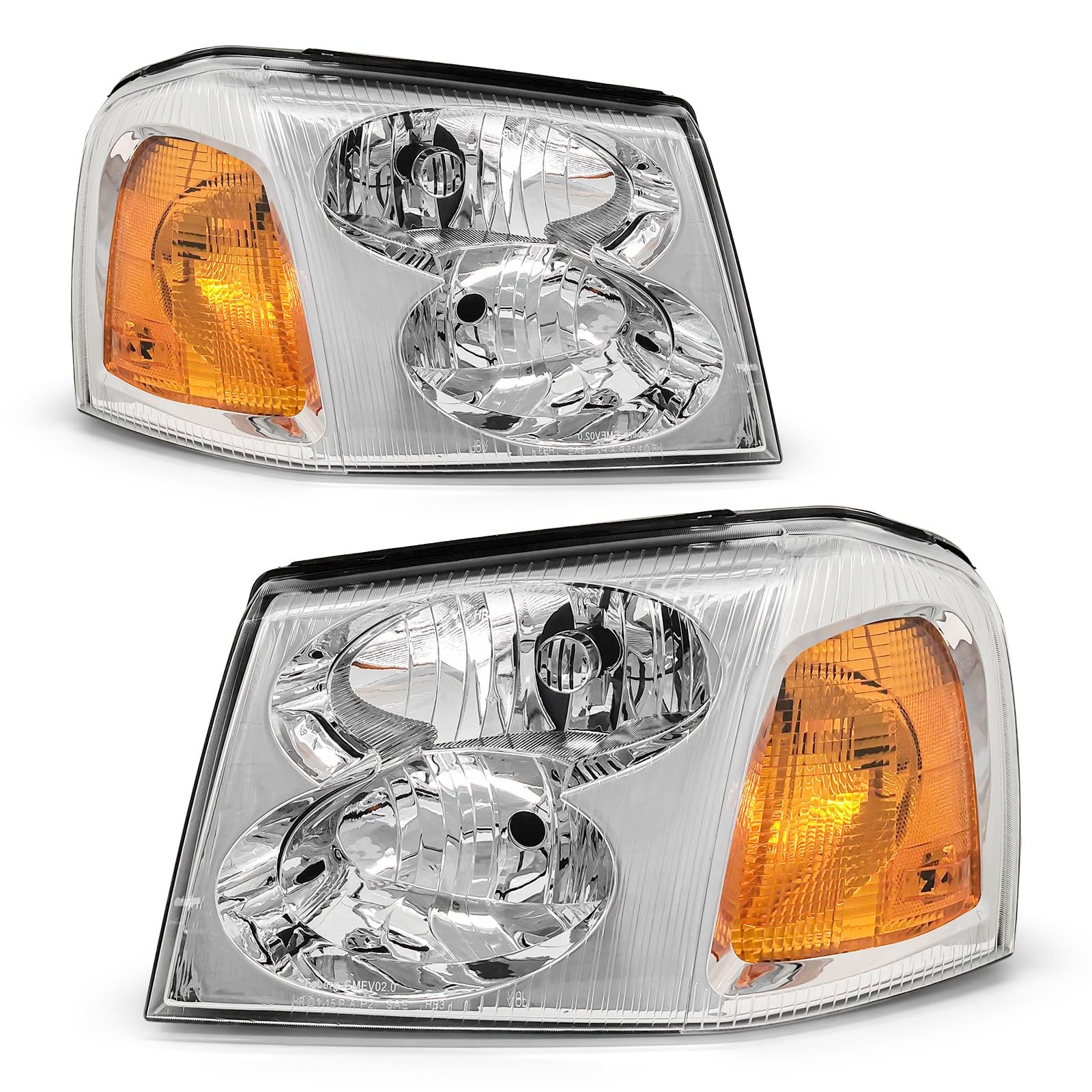 for 2002 2003 2004 2005 2006 2007 2008 2009 Gmc Envoy Headlight Assembly for 02-09 Gmc Envoy Clear Lens Chrome Housing with Amber Reflector Headlamp Replacement Left and Right Pair