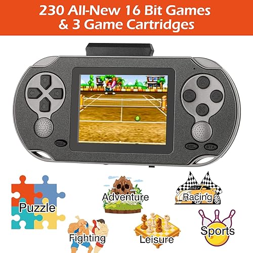 Miniatura 17 de Juego de mano de 16 bits para niños y adultos, pantalla grande de 3.0 pulgadas precargada 230 HD videojuegos clásicos retro con batería recargable