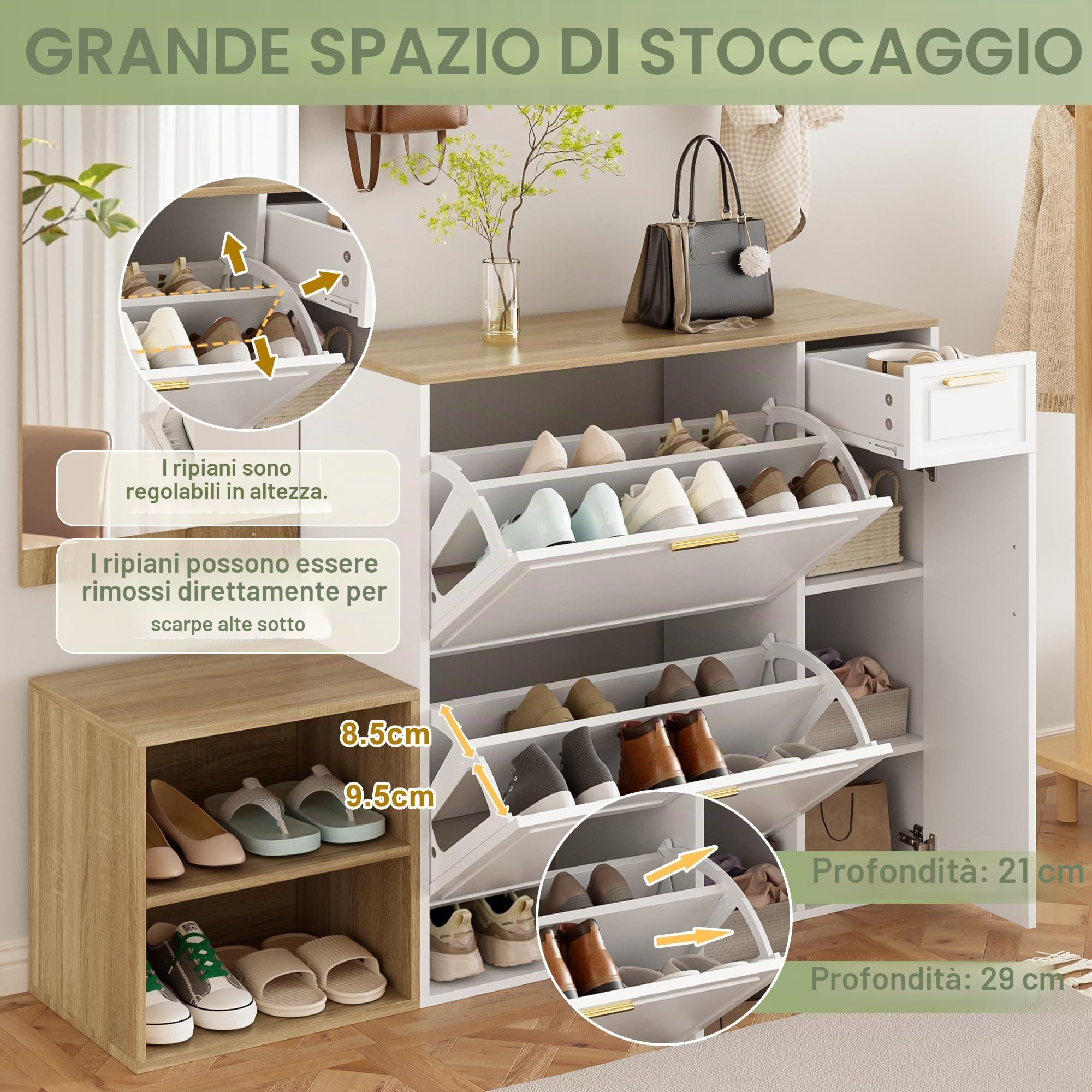 Set di 4 guardaroba con scarpiera, panca, appendiabiti da parete, specchio, set completo di mobili per corridoio e ingresso, dimensioni 139,5 x 35 x 166 cm (larghezza x profondità x altezza