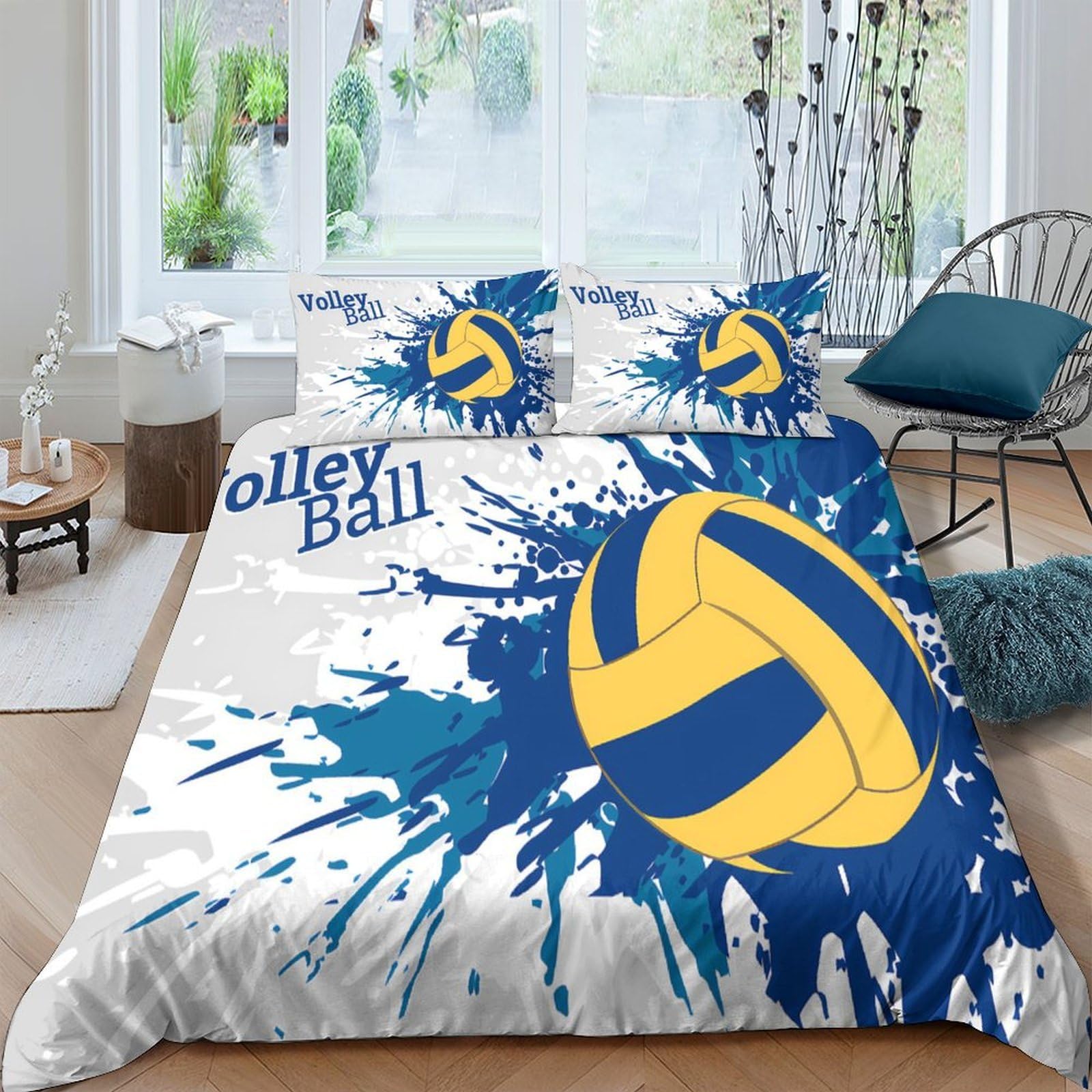 Ctjqhvkz Style-1 3D Printed Volleyball Splash Fitted Sheet Microfiber Blue Yellow Artistic Bed Cover Anti-Slip Machine Washable Bedroom Decor Single（135X200cm）