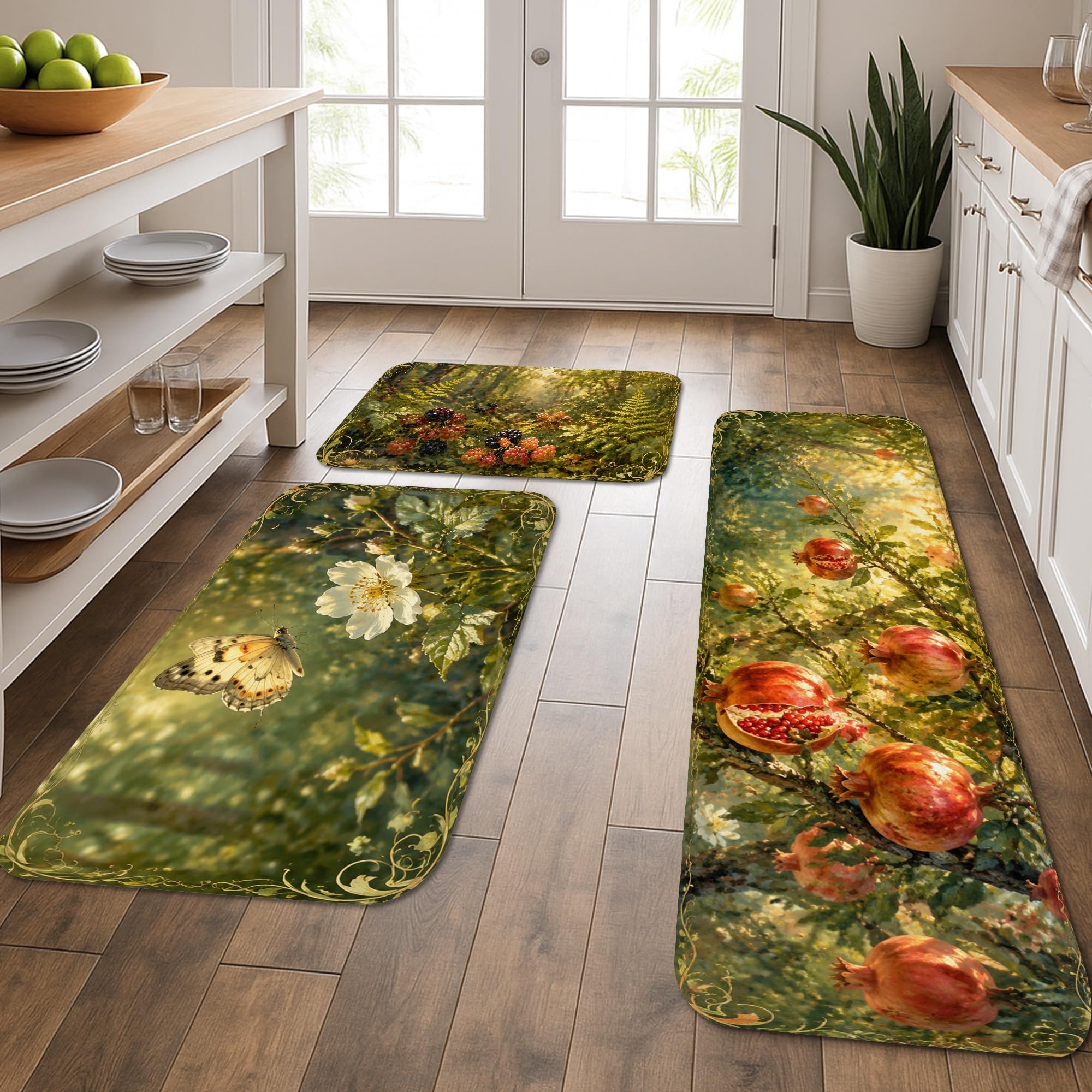 Tapis de cuisine vintage floral vert lot de 3 pour évier et buanderie