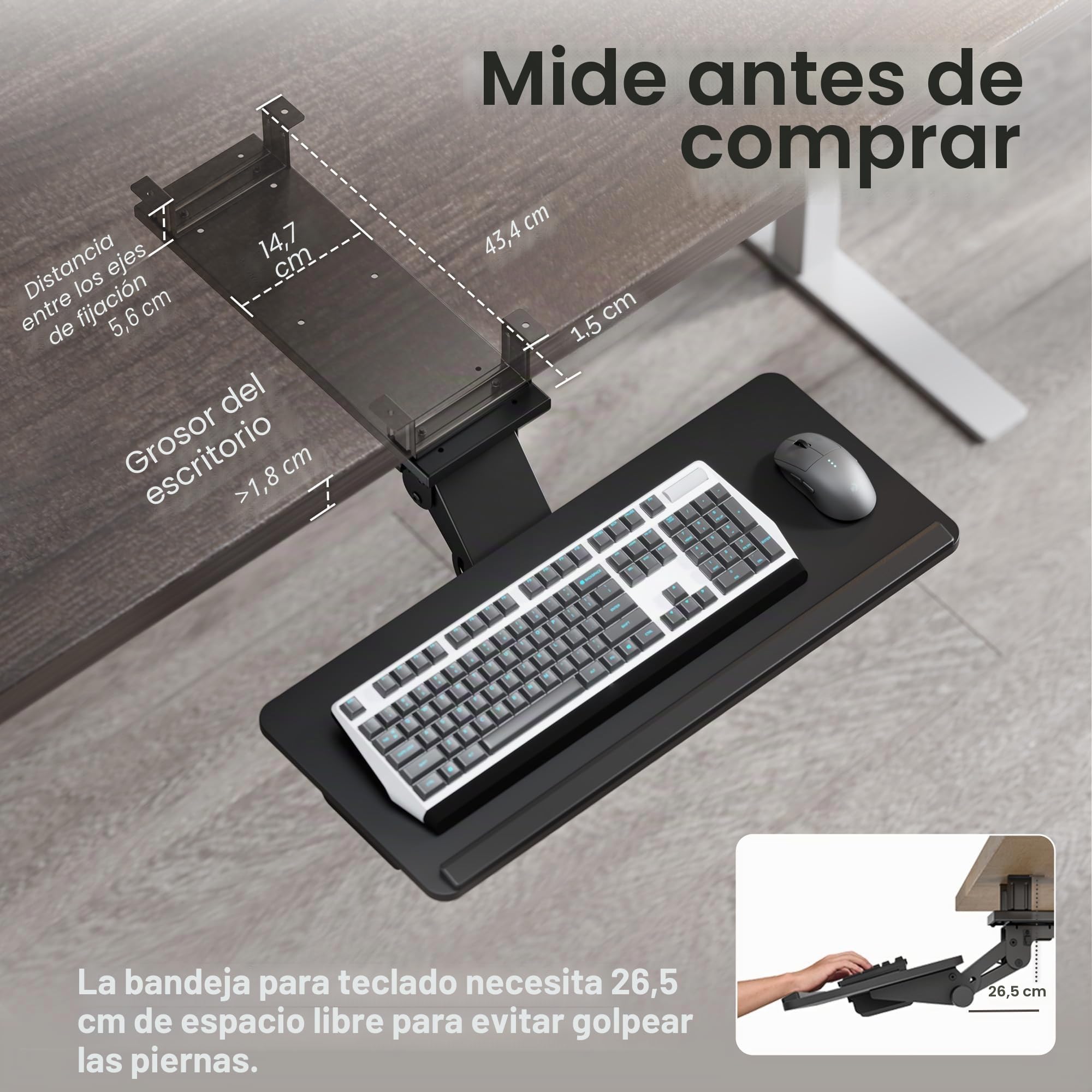 PEGZONE Bandeja para teclado debajo del escritorio con cajón de almacenamiento, gran 635 x 270 mm, ergonómico de altura ajustable, bandeja de teclado giratoria e inclinable para oficina, hogar