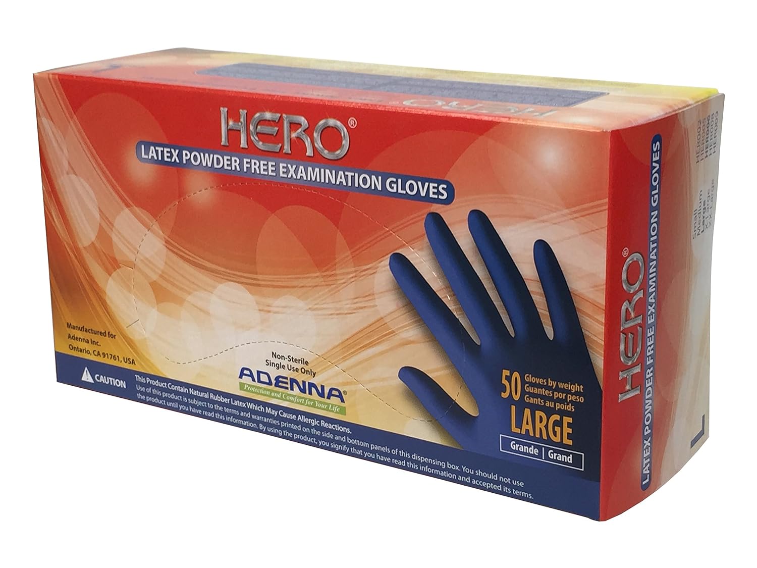 Adenna HER006 Hero 14 mil Powder-Free Latex Gloves, Extended Cuff, Medical Grade, Blue, Large, Box of 50