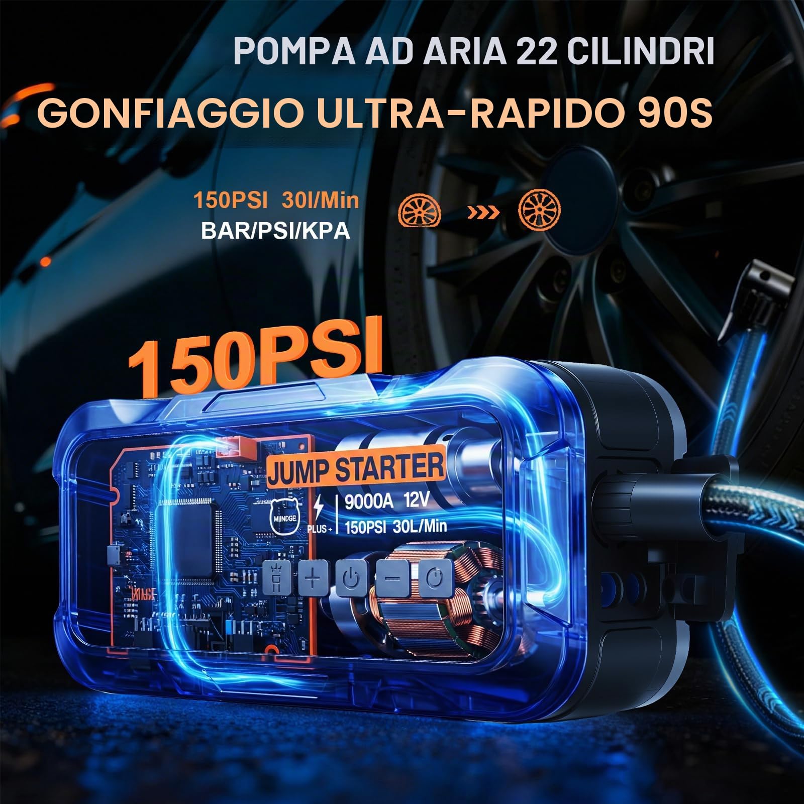 Avviatore Di Emergenza 9000a Potenziato, 22 Cilindri, Gonfiaggio Rapido In 90 Secondi, Con Illuminazione A Led, Chip Ai, 12v, Compressore D'Aria Da 150 Psi, Per Veicoli Diesel e Auto