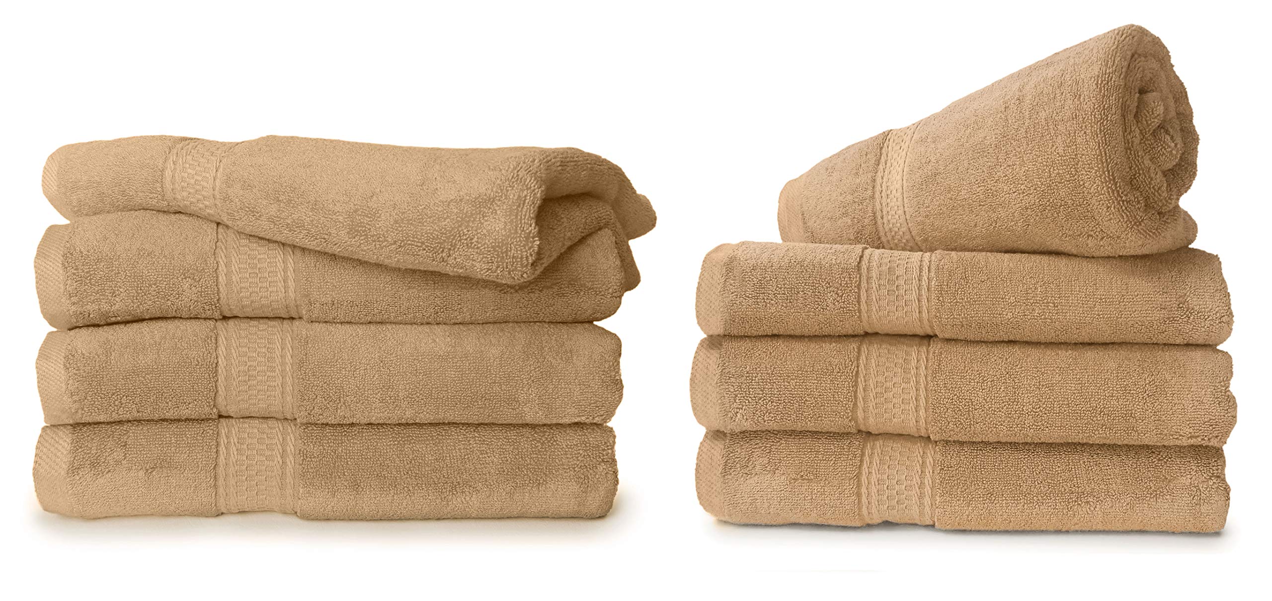 Royal Comfort World Famous 100% Cotton Bath Towel Size 27x54 at 17.5 LBS pe dz Weight ! Pack of 8 Towels. DO not Settle for Less! Towels for Pool, Gym, Spa,and Dorms (Tan, 8)
