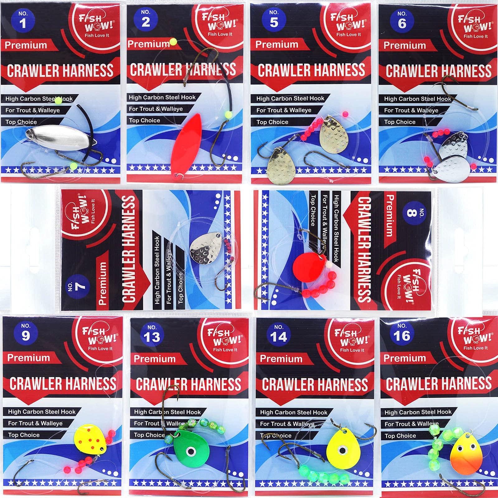 10 Packs 10-Styles Crawler Harness Walleye Spinner Rig for Fishing - 1-Hook, 2-Hook, 3-Hook