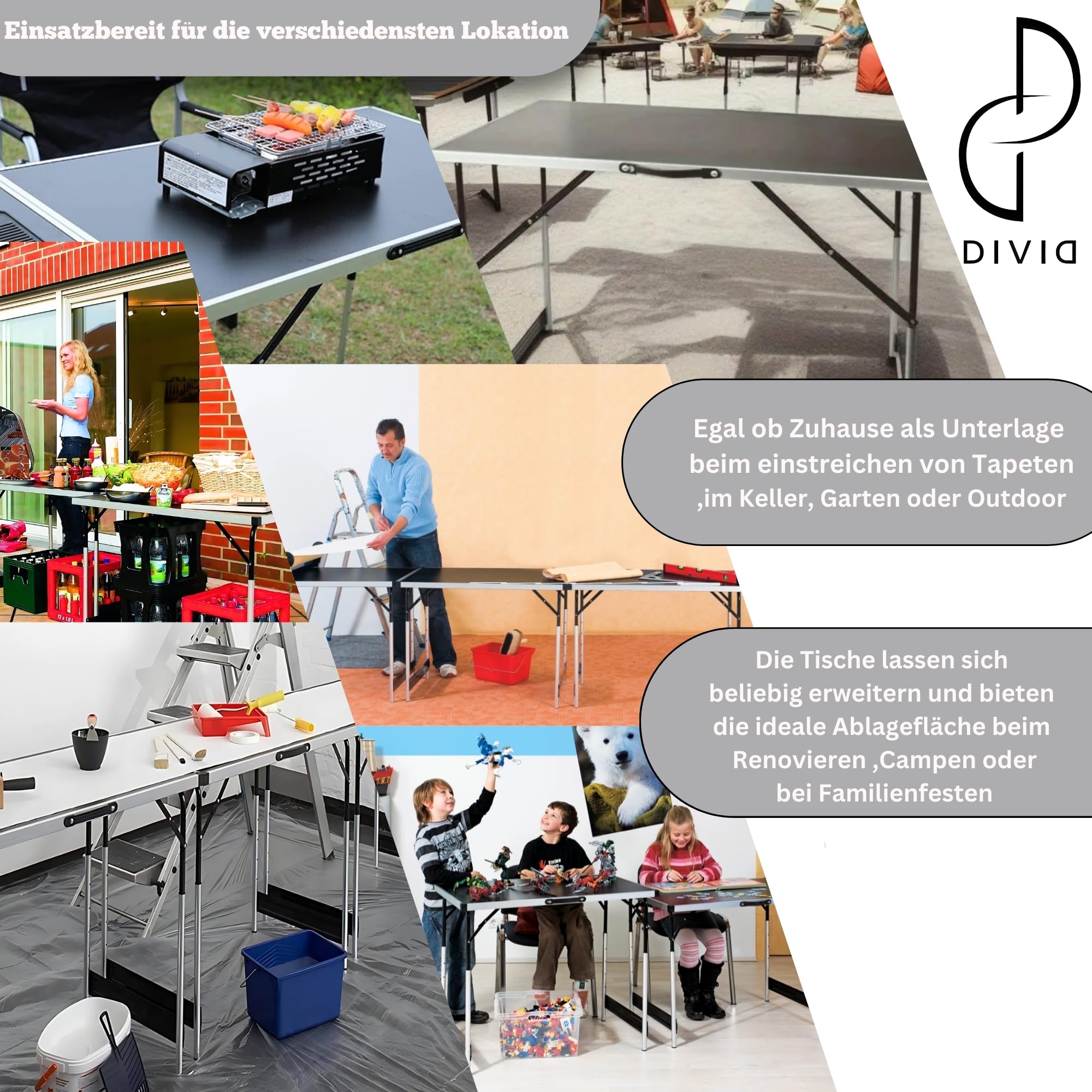 DIVID® Multifunktionstische 3-Teiliges Set, 100x60cm, Tapeziertisch 30 kg Tragkraft je Tisch, Klapptisch, Campingtisch, Flohmarkttisch, Beistelltisch, Mehrzwecktisch, Höhenverstellbar, Mahlertisch