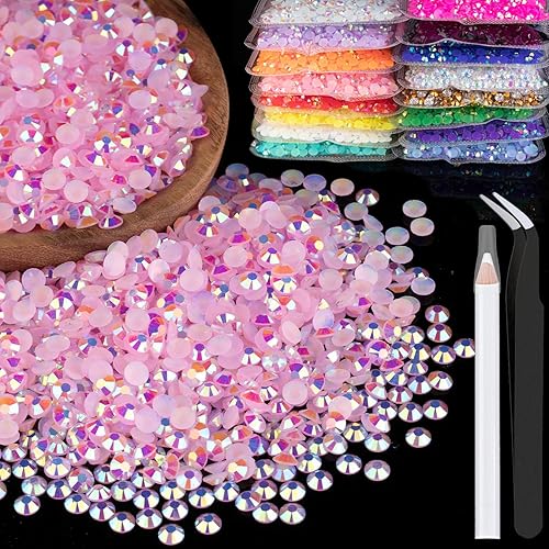 2500 diamantes de imitación de resina de 0.197 in a granel, color rosa claro AB con parte trasera plana, diamantes de imitación redondos de gelatina
