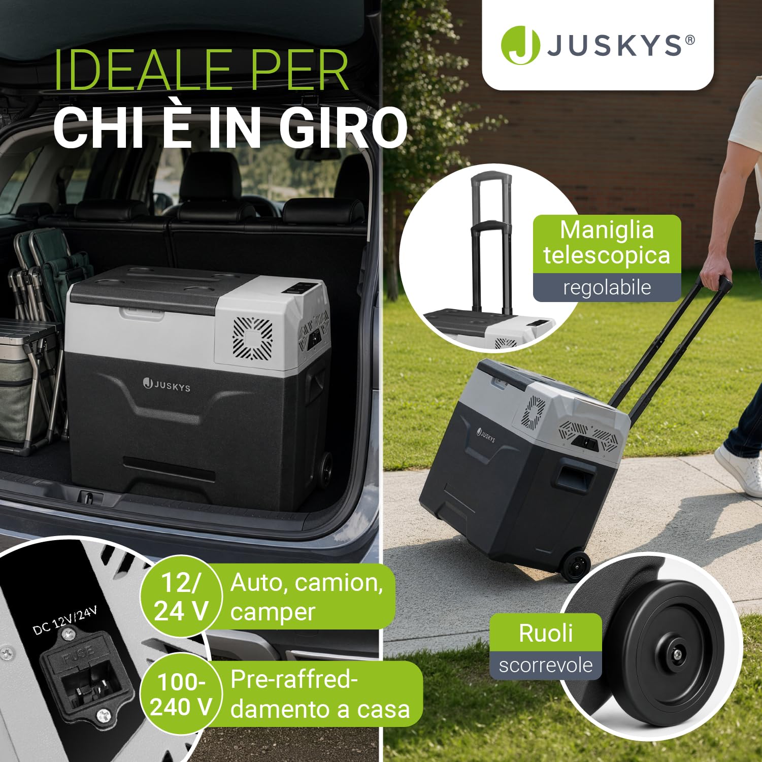 Juskys Frigo compressore Yukon 12/24/230V – Portatile caldo freddo per auto, camper, camion, campeggio – Mini refrigeratore elettrico - grigio