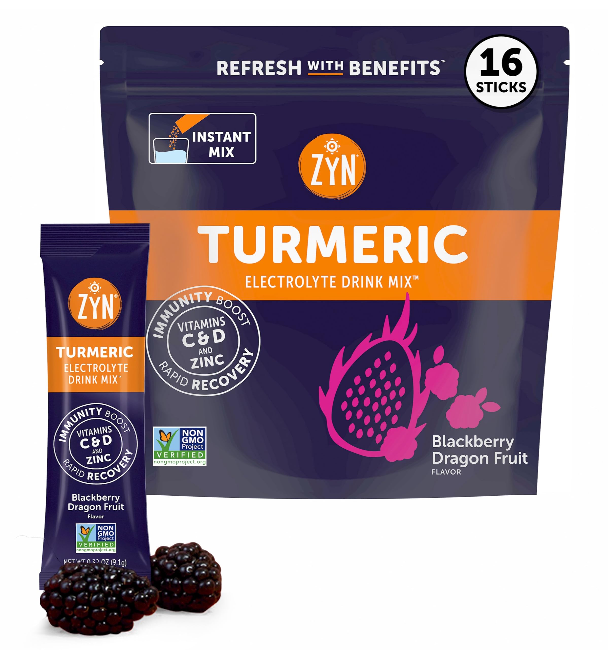 Electrolytes Powder Hydration Packets with Vitamins, Zinc & Turmeric Curcumin for Gut Health, Low Sugar Electrolyte Drink Mix Packets with Piperine, BlackBerry & Dragon Fruit, 16 Pack