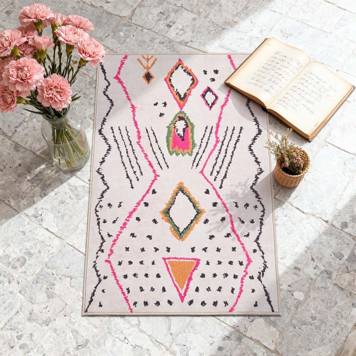 jinchan 2x3 Entryway Rug Beige Washable Modern Boho Rug Geometric Hot Nerd Doormat Soft Low Pile Non Slip Accent Small Mat Lightweight Cozy Throw Carpet for Kitchen Bathroom Laundry Room Study Dorm