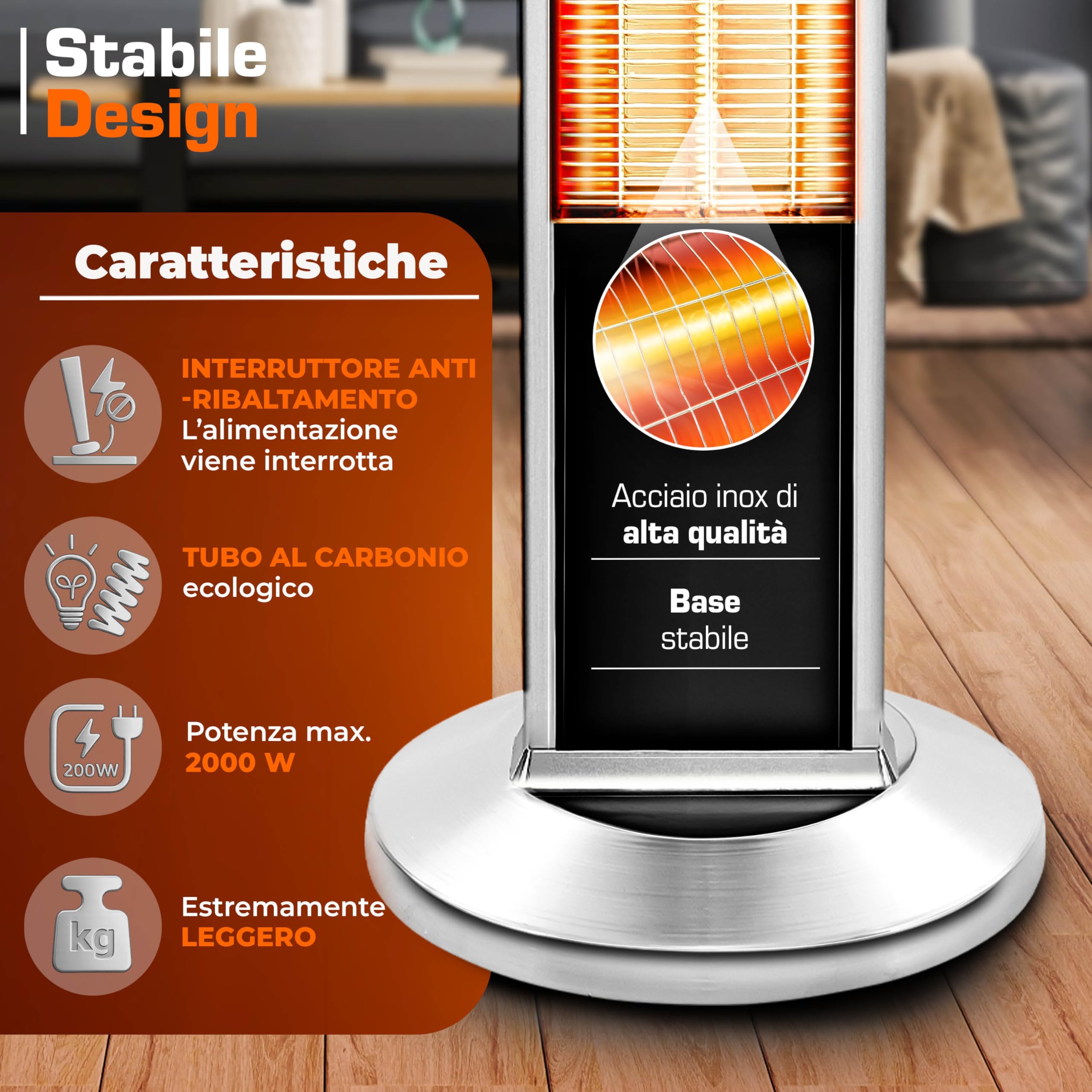 TRESKO Stufa a Infrarossi 2000W Torre Telecomando 3 Livelli Calore Riscaldatore Elettrico da Terrazzo
