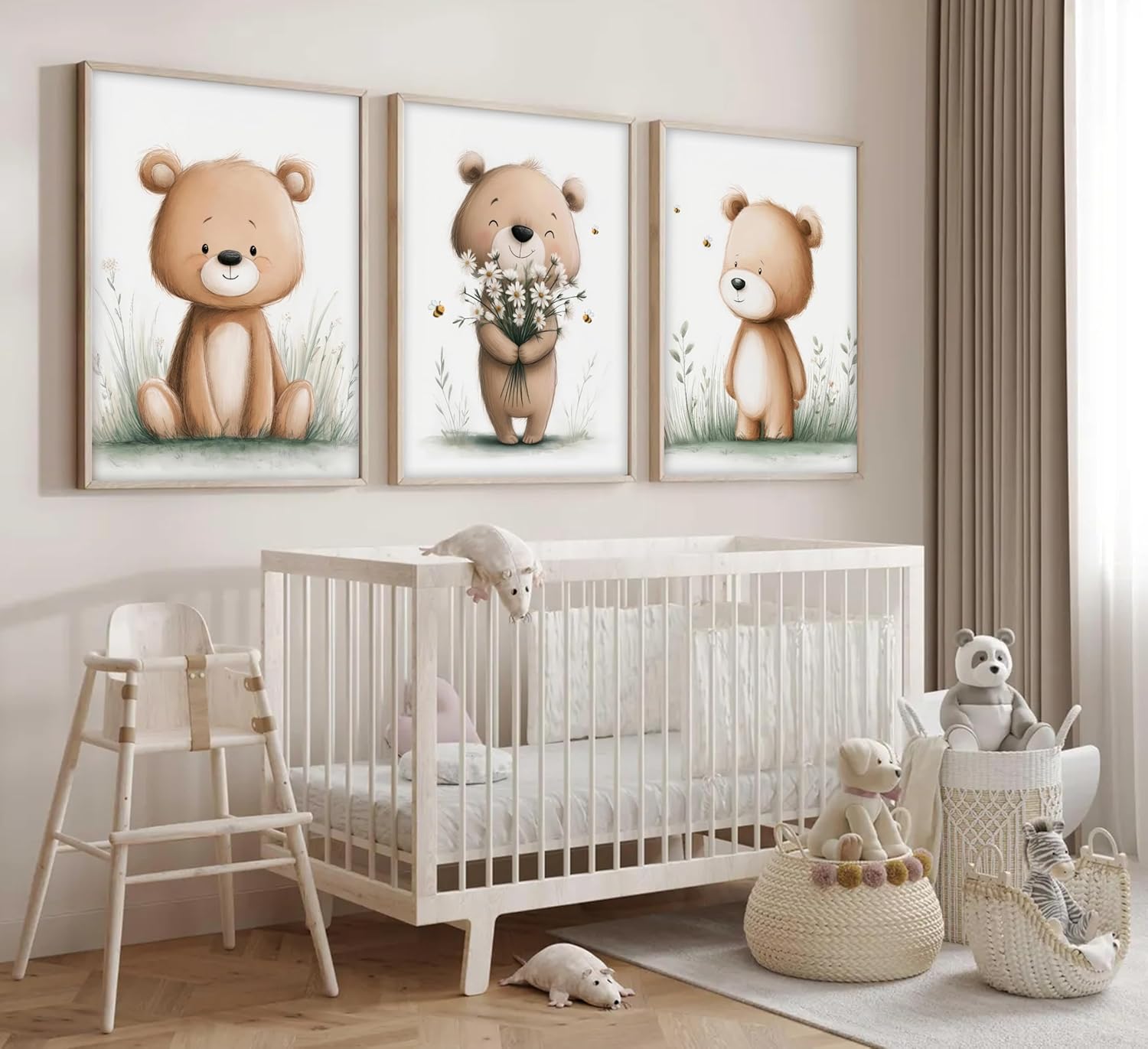 3Pcs Cute Bear Nursery Wall Art Cute Animals Flower Painting Picture Wall Decor Boho Teddy Bear Poster Print Artwork for Children Room Baby Room Nursery Boy Room Girl Room Home Decoration