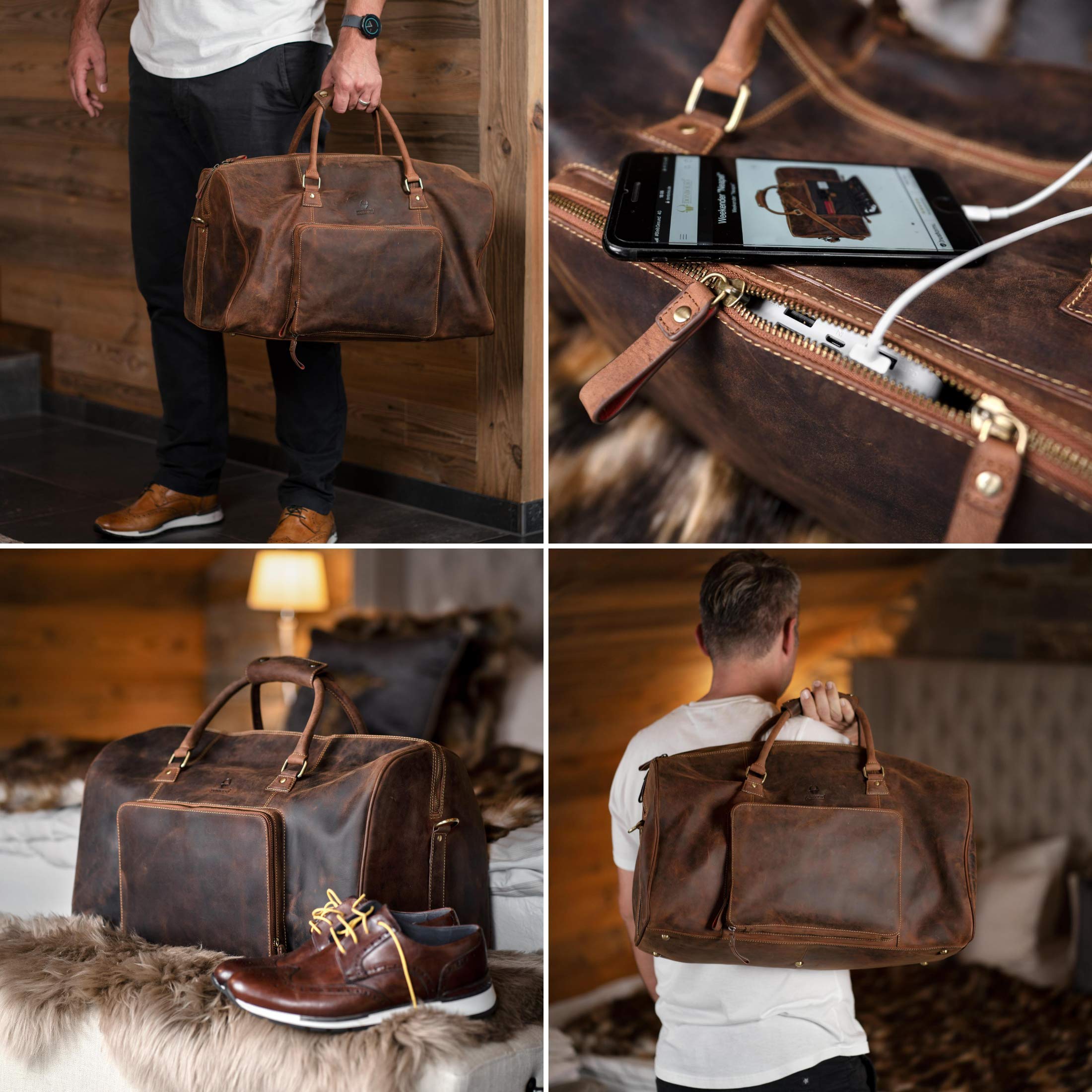 DONBOLSO Weekender Nápoles | Bolsa de Viaje para Hombres | Bolsos de Viaje Fin de Semana de Cuero | Bolso Viaje de Cuero para Equipaje de Mano | Tamaño L con 40 litros | Vintage Marrón