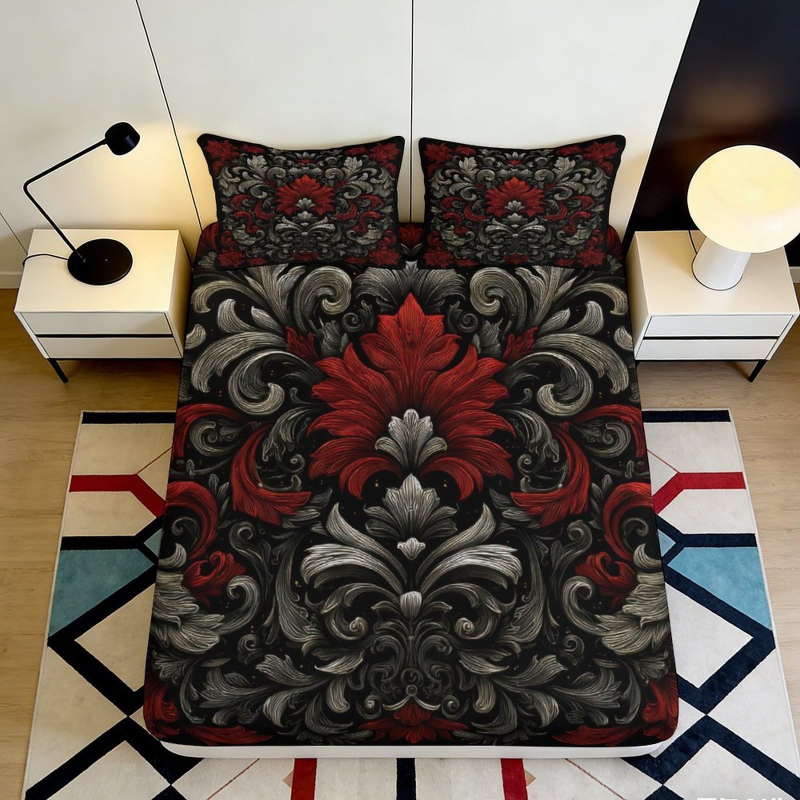 3D Printed Baroque Red Black Fitted Sheet Microfiber Soft Elegant Scroll Mattress Cover for Bedroom Guest Room Decor 90x200x25cm