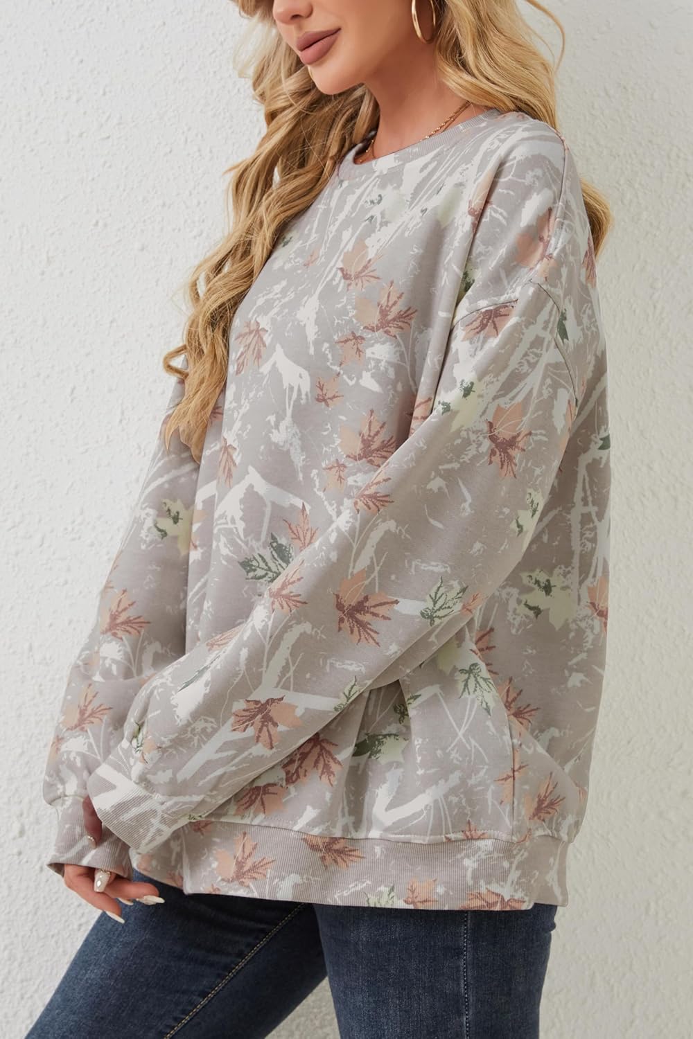 Womens Camo Sweatshirt Maple Leaf Print Oversized Camo Crewneck Sweatshirt Fleece Pullover Hoodies Long Sleeve - Image 6