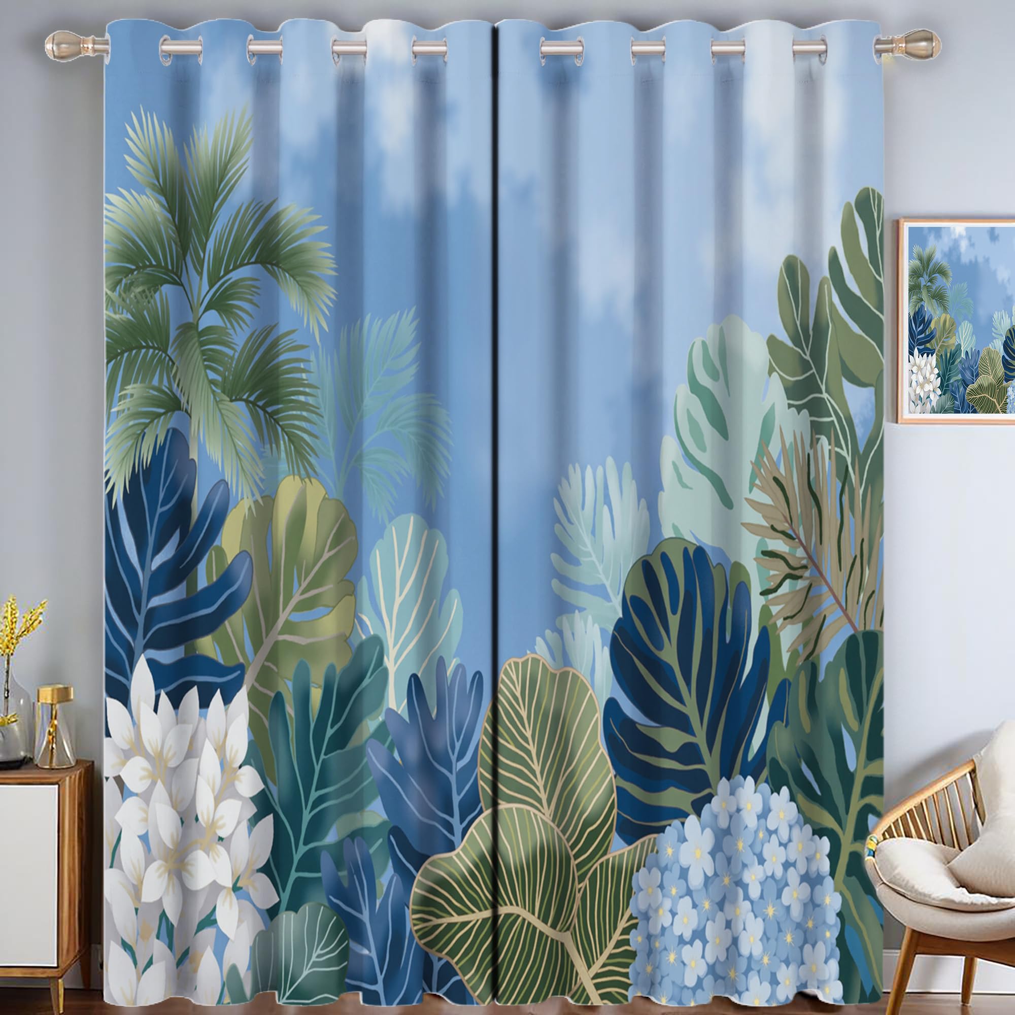 Rideau de salon avec d'arbres tropicaux bleu clair 140x240 cm