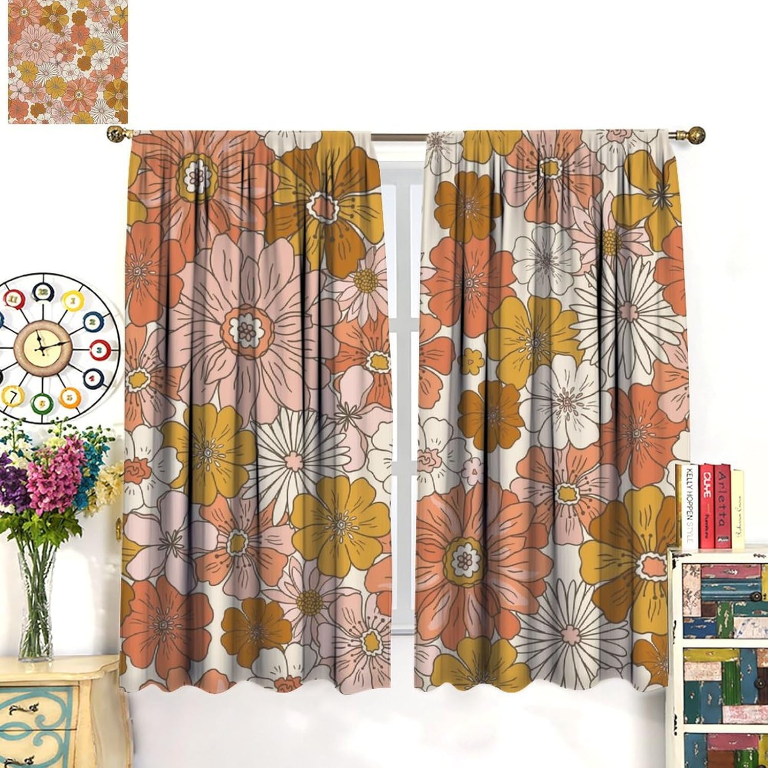 70s 60s Flower Floral Curtains, Retro Cute Flowers Pink Orange Abstract Boho Floral Pattern for Room Decor, Print Blackout Drapes for Living Room Bedroom Kitchen 2 Panel Set 21" W X 54" L