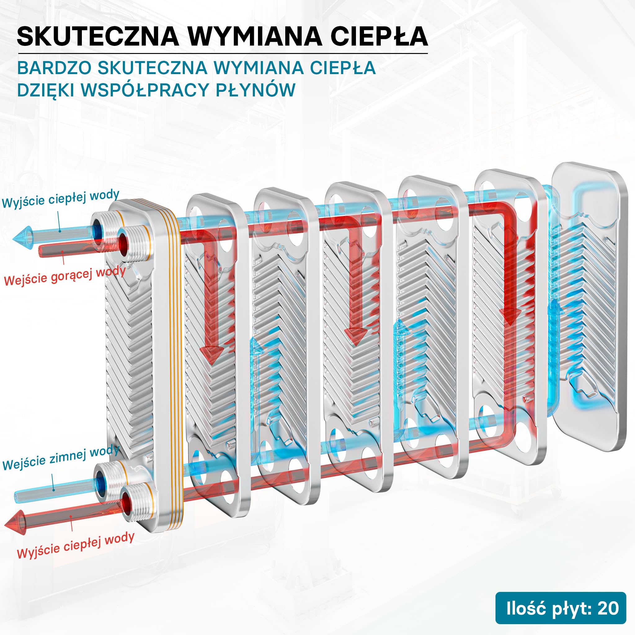 Wiltec Wymiennik płytowy 20 płyt, maks. 44 kW, maks. przepływ 4 m³/h, objętość 0,36 l, ze stali nierdzewnej do przekazywanie ciepła