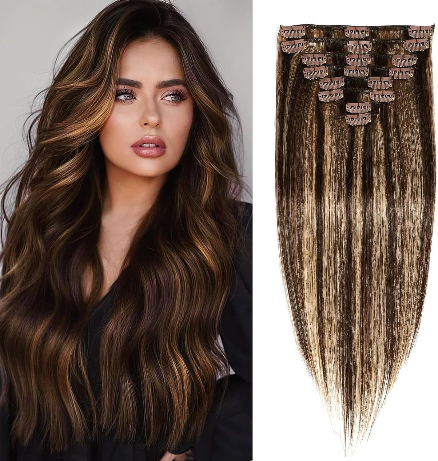 Balayage Dark Brown to Chestnut Brown Real Human Hair Clip ins Remy Invisible Hair Extensions Natural Straight Seamless Hair Extensions 8pcs Double Weft 20 Inch 105g