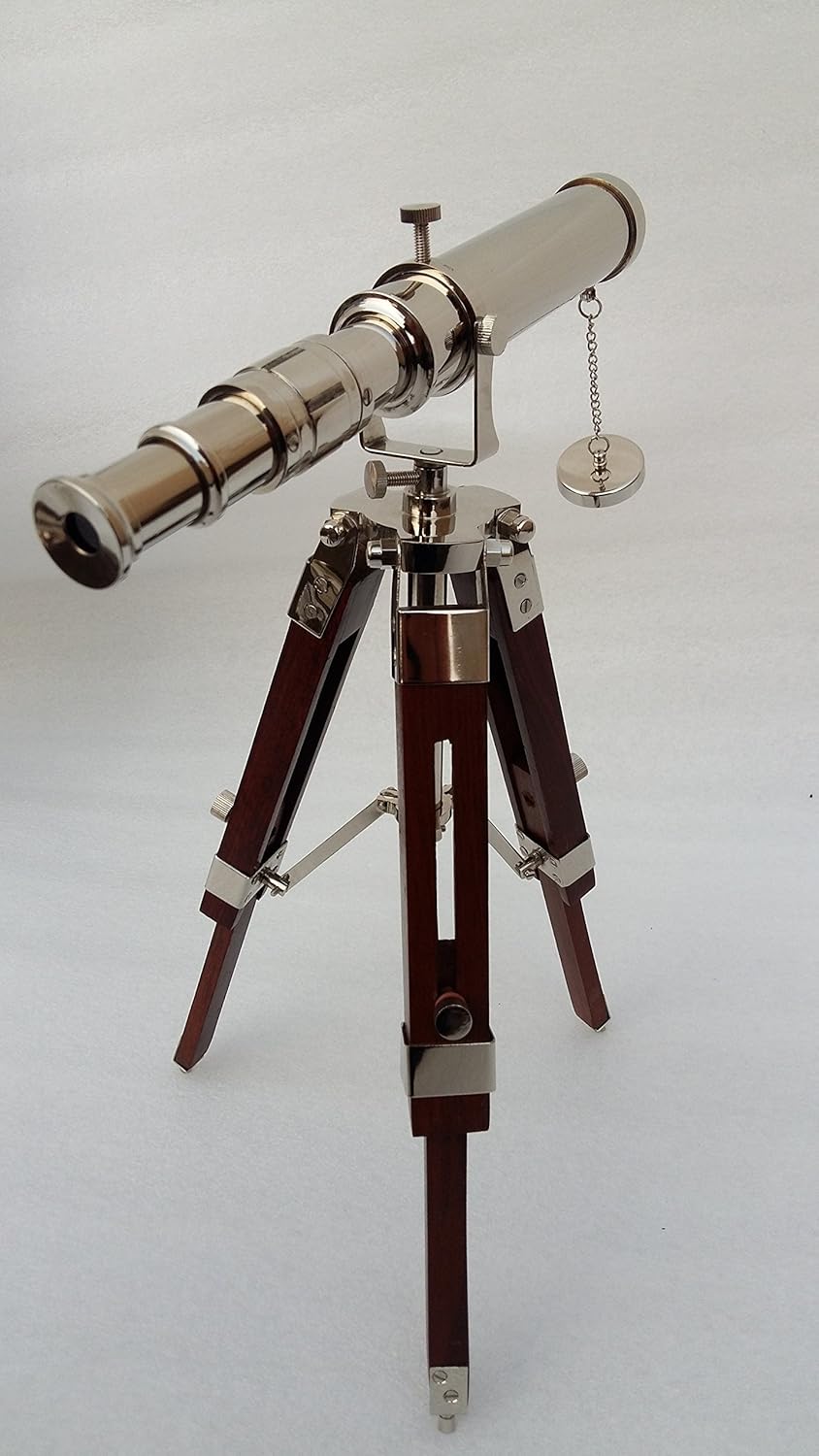 Vintage Brass Nickel on Tripod Stand – Chrome Desktop Telescope for Home Decor & Table Accessory, Nautical Spyglass for Navy & Outdoor Adventures