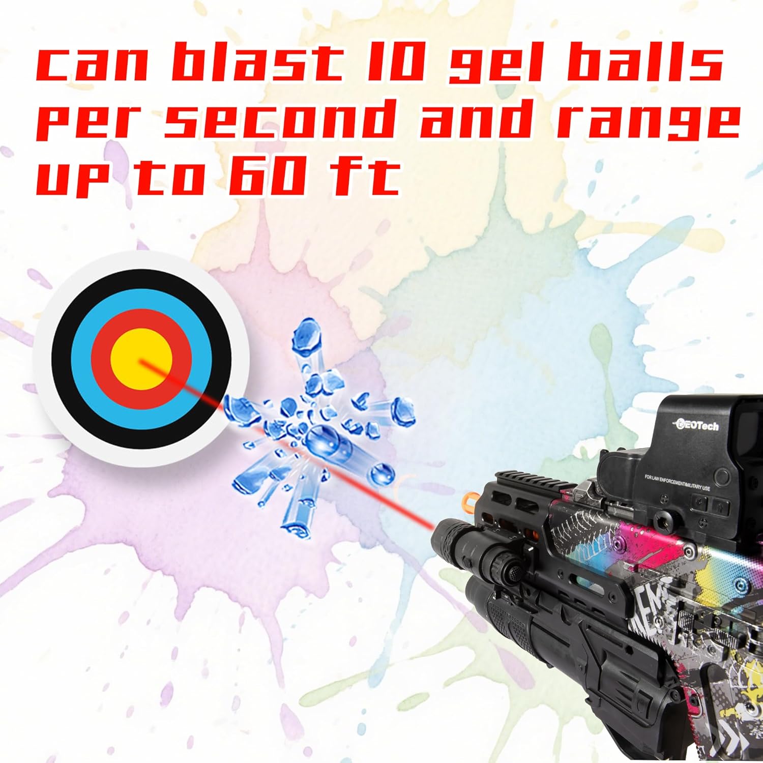 EMERBU Gel Splat Blaster firing gel balls at a target, indicating a rate of 10 gel balls per second and a range of 60 feet.