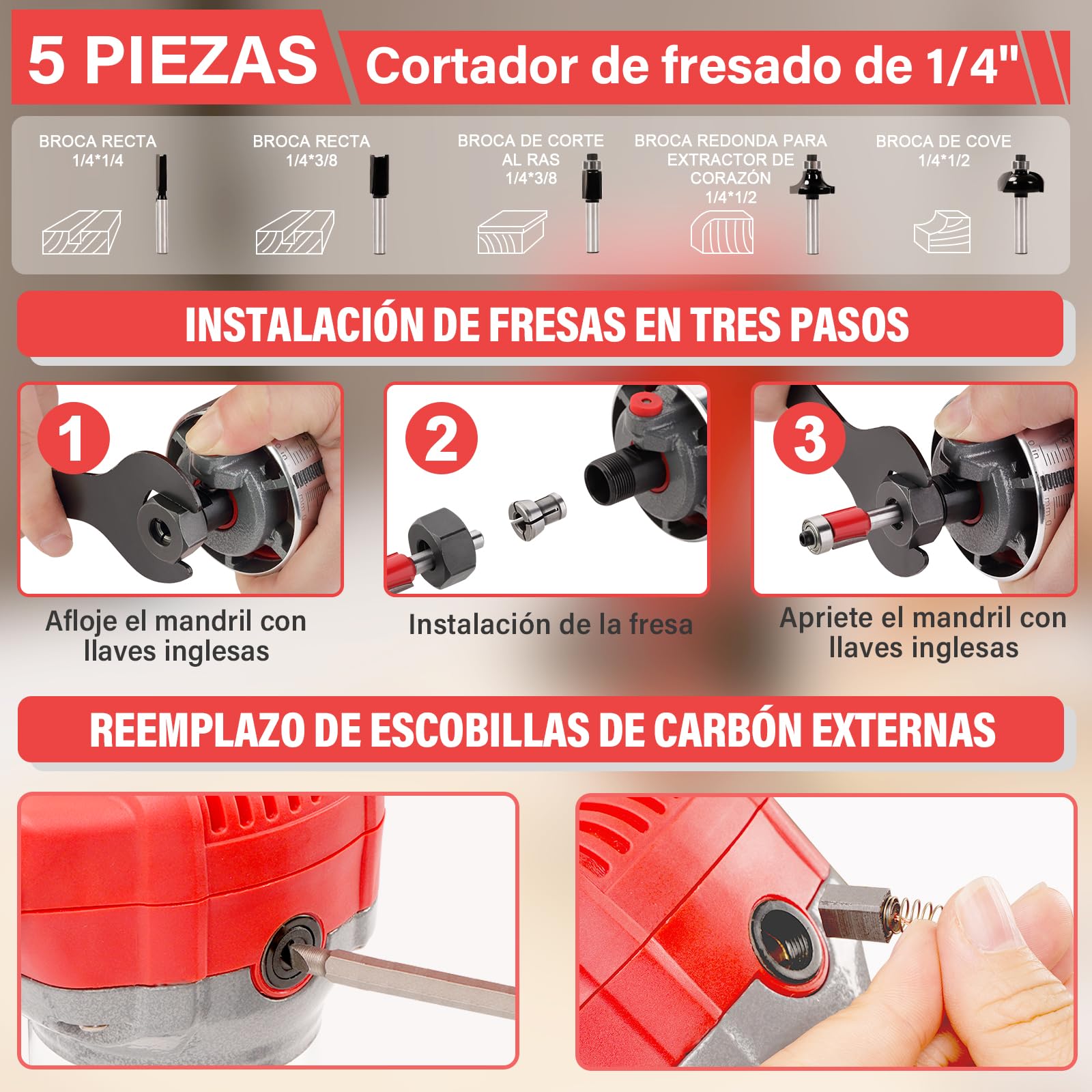 TEENO Fresadora De Madera Rebajadora Eléctrica 800W 13000-33000 RPM CON EXTRACTOR DE POLVO,5 piezas 1/4'' Alicates, 6 Velocidades Variables, Pinza De Base Fija De 6/6.35/8MM,Con Bolsa de lona