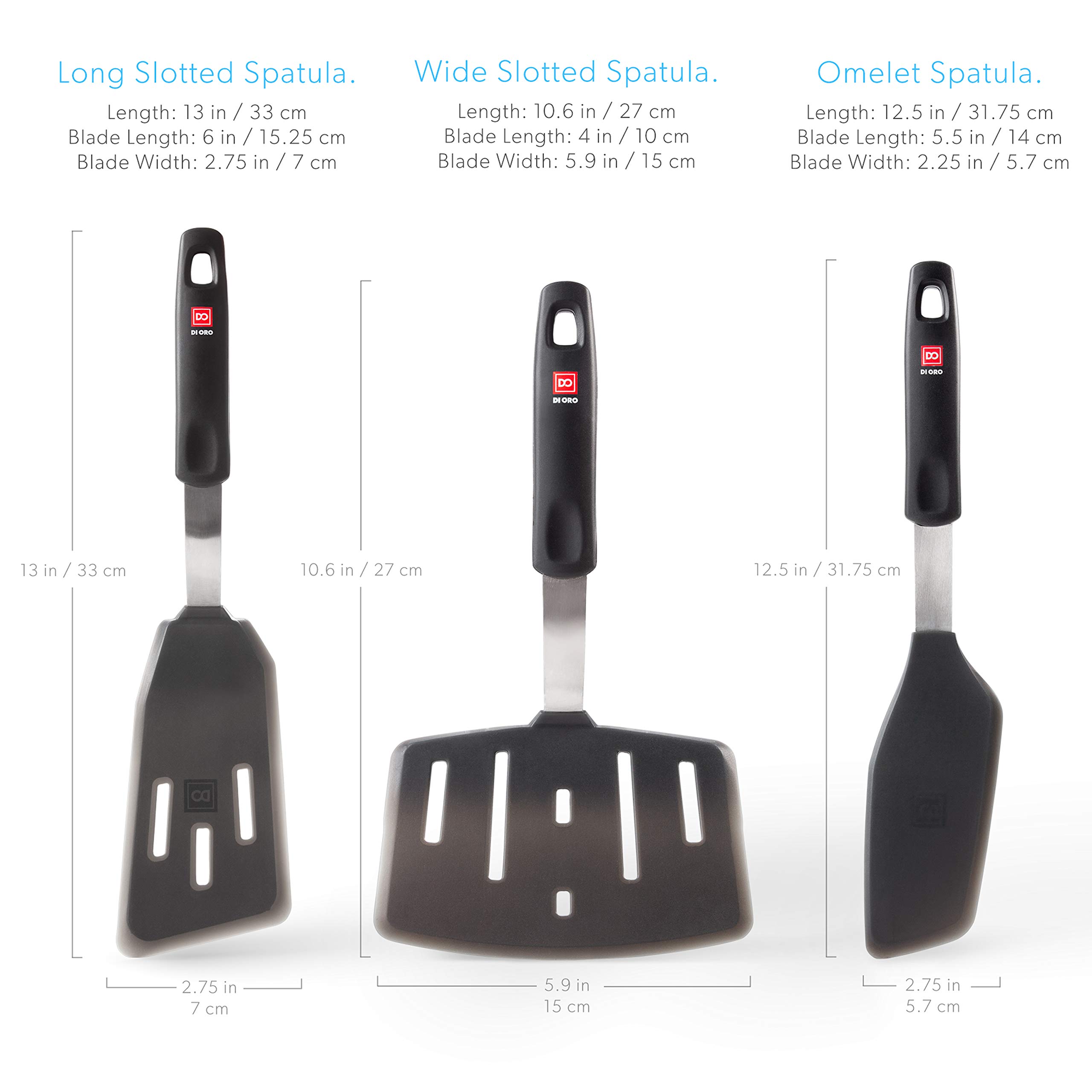 DI ORO - Juego de espátulas de silicona para utensilios de cocina antiadherentes, resistentes al calor y sin BPA, aletas flexibles y finas para girar huevos y panqueques (6 piezas, negro)
