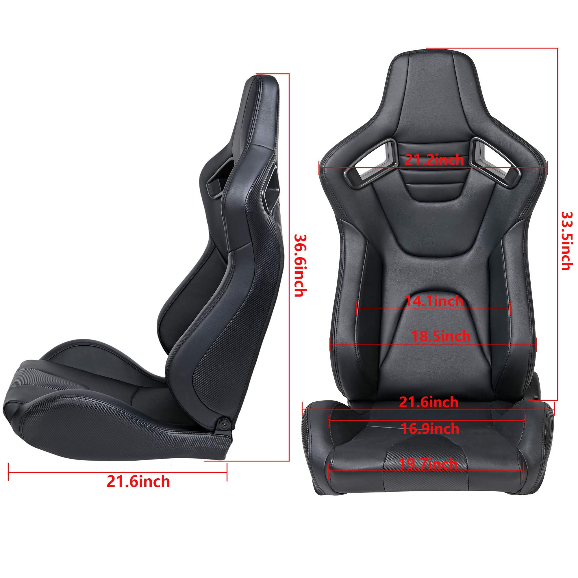 SILLAMMI Racing Seats, Pair of PVC Leather Racing Bucket Seats with Dual Sliders, Black with Black Stitching
