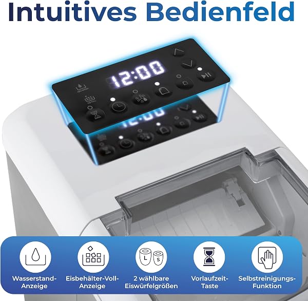 KLAMER Eiswürfelmaschine klein mit Eisschaufel & 2 Eiswürfelgrößen - 10 Eiswürfel in nur 7 Min, 15 kg Eiswürfel pro Tag - leiser Ice Maker mit Timer (silber) - 3