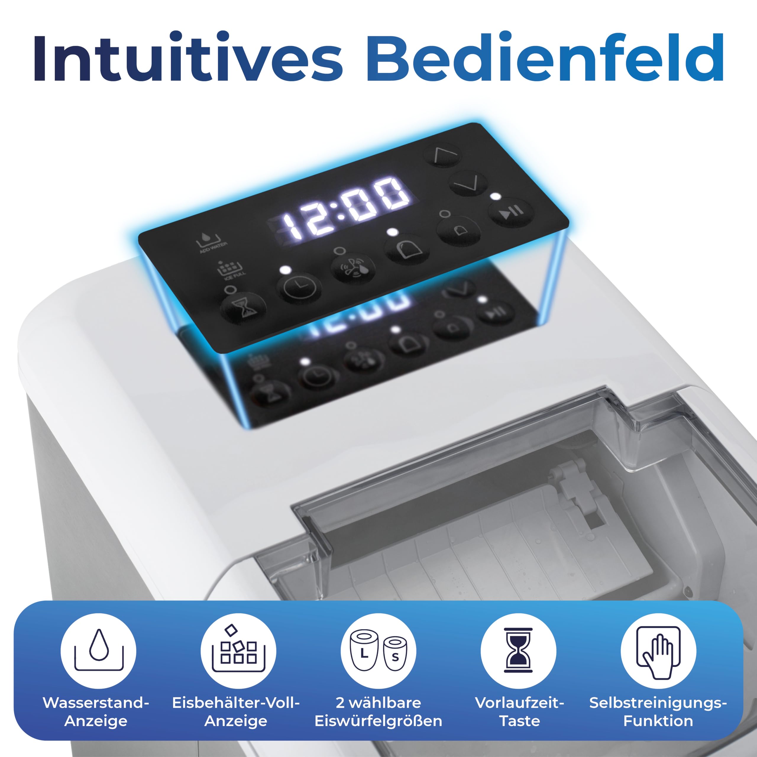 KLAMER Eiswürfelmaschine klein mit Eisschaufel & 2 Eiswürfelgrößen - 10 Eiswürfel in nur 7 Min, 15 kg Eiswürfel pro Tag - leiser Ice Maker mit Timer (Weiss)