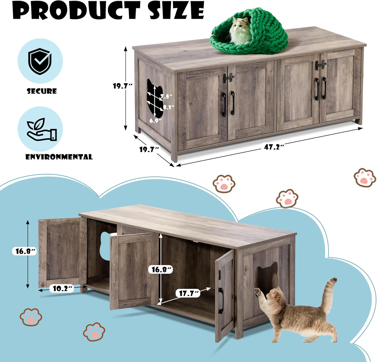 Cat Litter Box Enclosure - Dual Washroom Wooden Furniture with 2 Head Shaped Holes, Large Cat House for Living Room & Bedroom