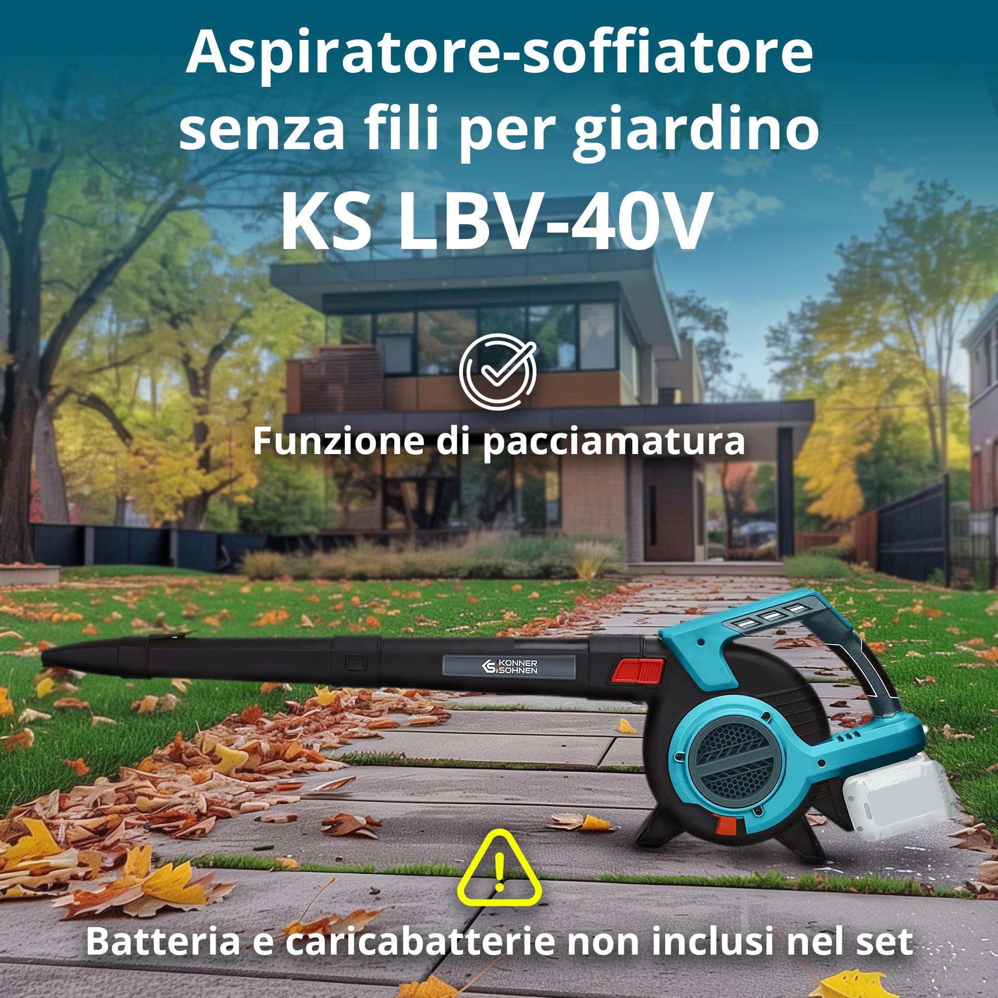 Aspirapolvere da giardino a batteria con funzione di triturazione delle foglie KS LBV-40V, tensione nominale 40 (20+20) V, regime minimo 1630 giri/min, volume del sacco aspirante 45 l