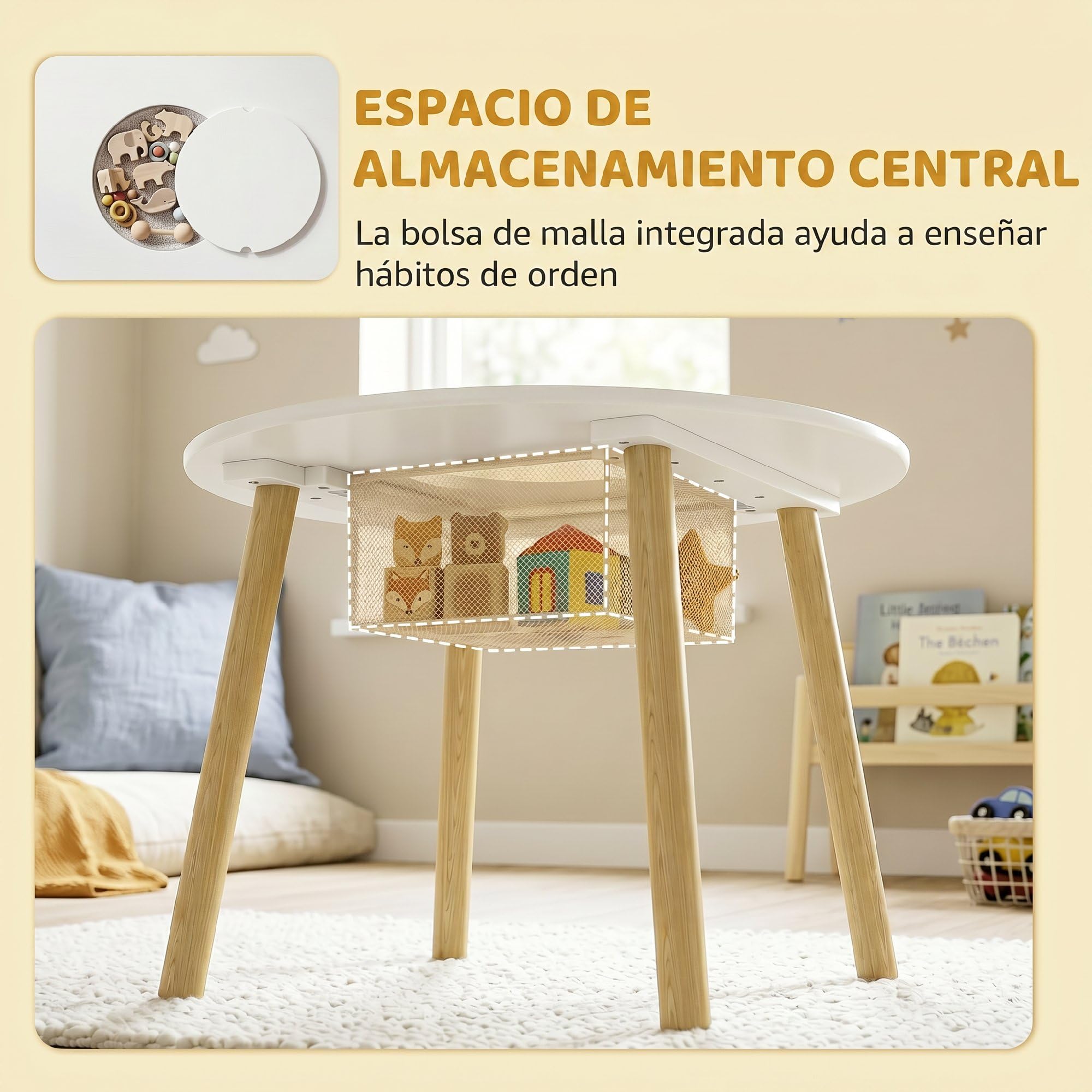 AIYAPLAY Mesa Infantil con 2 Sillas, Bolsa de Malla, Tema de Nube, Blanco | Mesa y Sillas Infantil, Niños y Niñas de 3-6 Años, Hogar, Guardería, Aulas