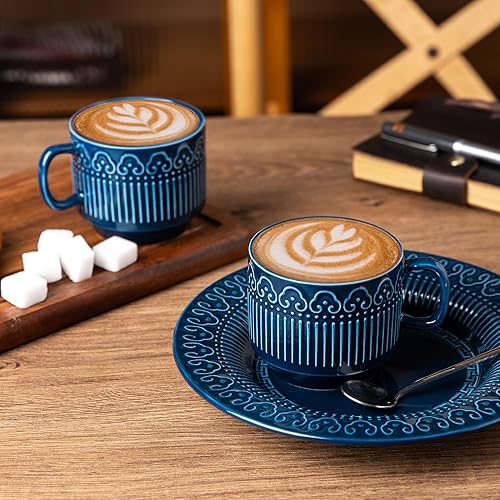 Miniatura 6 de AmorArc Juego de 4 tazas de café apilables de 8 onzas para hombre, mujer, papá, mamá, tazas de café de cerámica con patrones texturizados para