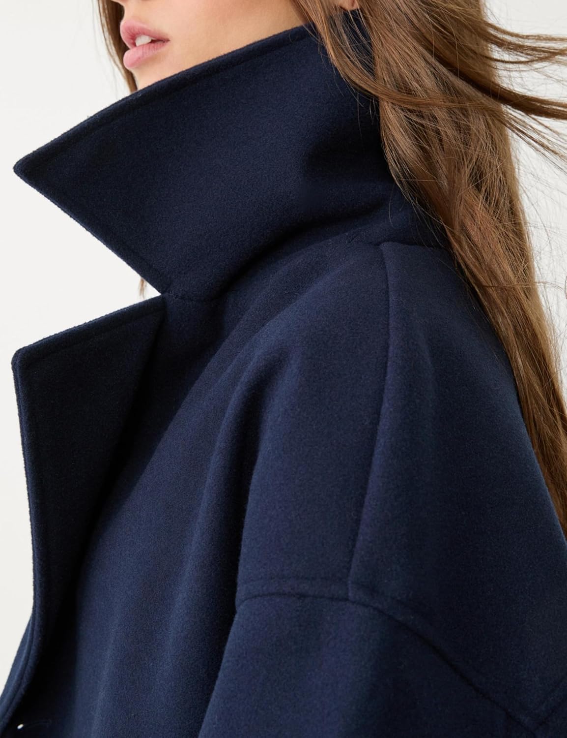 Korebow Womens Cropped Pea Coat Long Sleeve Notched Lapel Trench Overcoat Casual Double Breasted Jackets with Pockets - Image 5