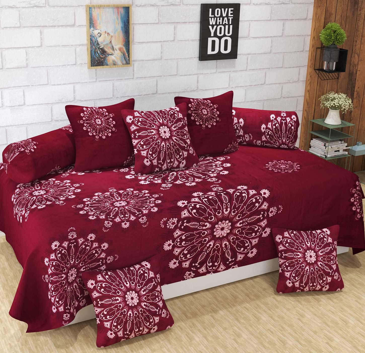 Cotton Fabric 400TC Diwan Set (60X90 Inch Bedsheet 16x16inch Cushion Covers 18x28 inch Bolster Covers) (Mehroon Mandala)-image-40