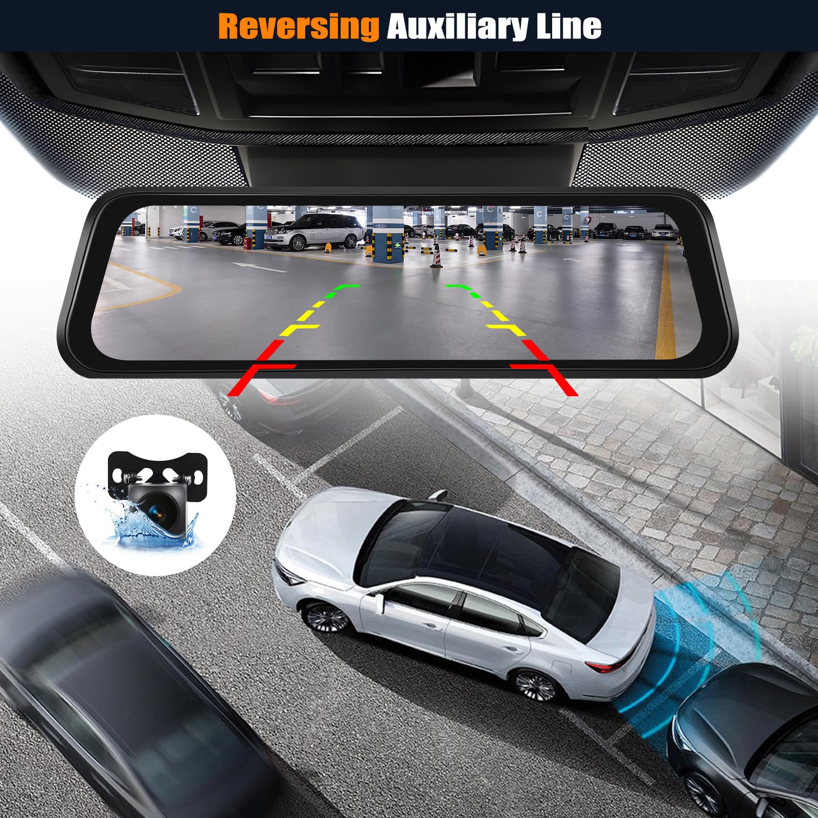 CAMECHO Retrovisor 4K 9.66 Pulgadas Mirror Dash CAM Coche con Cámara 1080P, Delantera 150° y Trasera Dashcam 120° con ADAS y BSD Línea Inversa, Visión Nocturna, Sensor G, GPS y WiFi