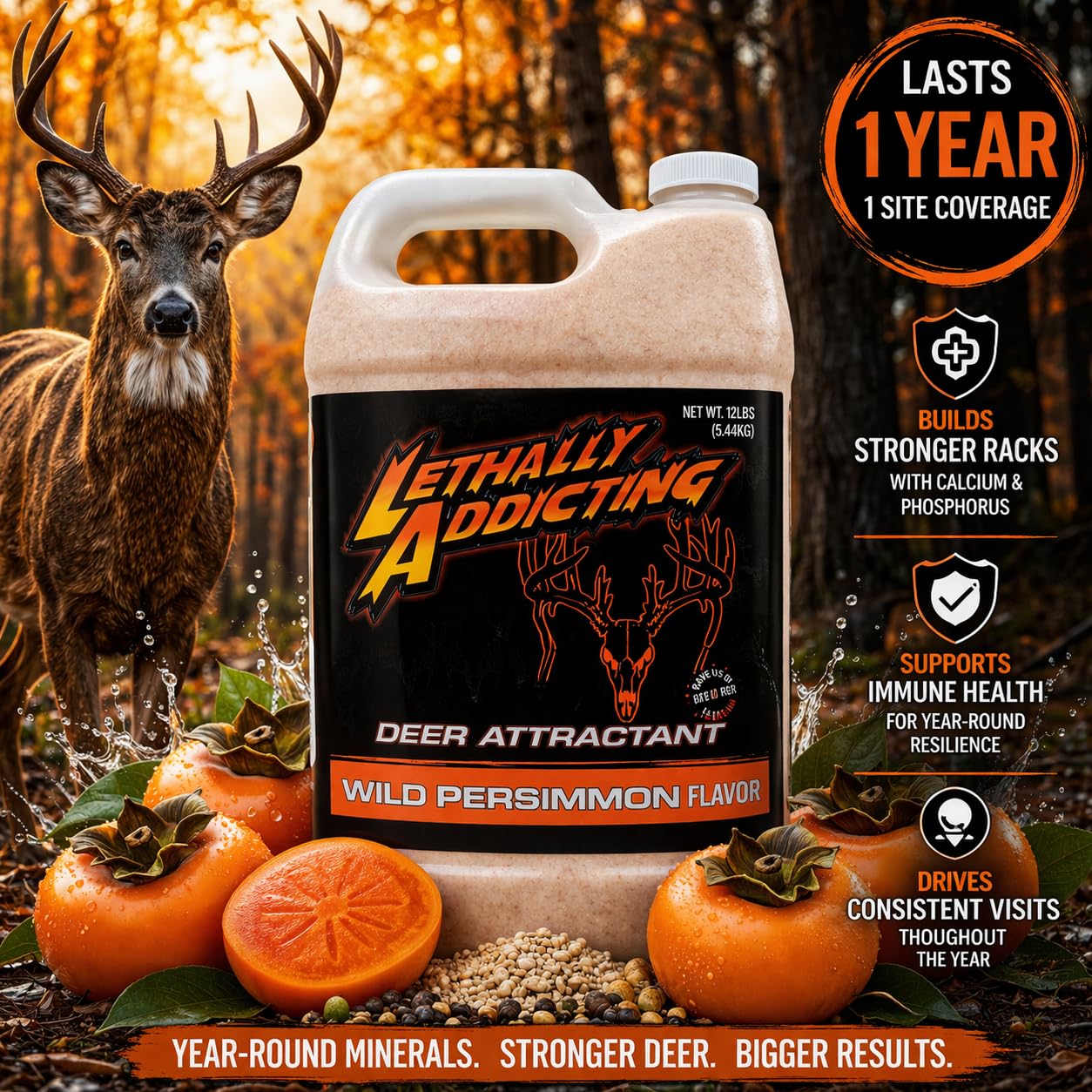 Hirsch Mineral & Lockstoff - 5,4 kg 1 Jahr Vorrat Krug - Trophäe Weißschwanz Lockstoff für Trail-Kameras, Jagdplätze & Minerallecks | USA Made (Persimmon)