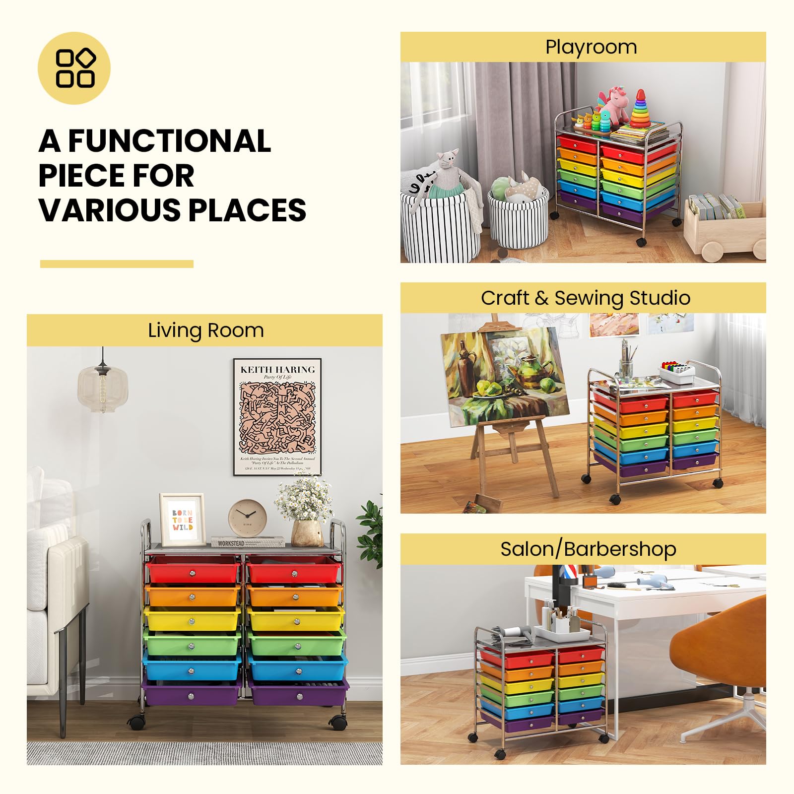 GIANTEX Chariot de Rangement, 12 Tiroirs, roulettes Pratiques, Grande Planche de Travail, Poignées Latérales, Glissières Douces, Chariot Polyvalent pour Salon, Cuisine, Bureau (Multicolore)