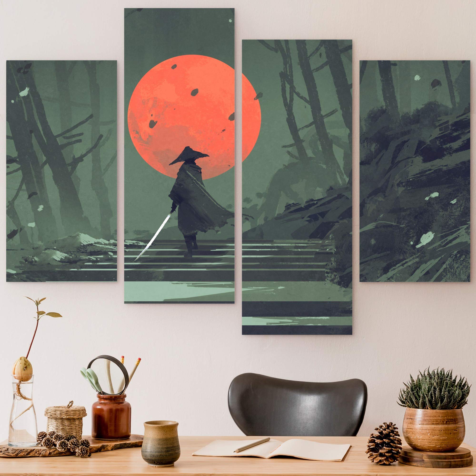 Amazon.com: H5print 4 Panel Canvas Wall Art Samurai Standing on
