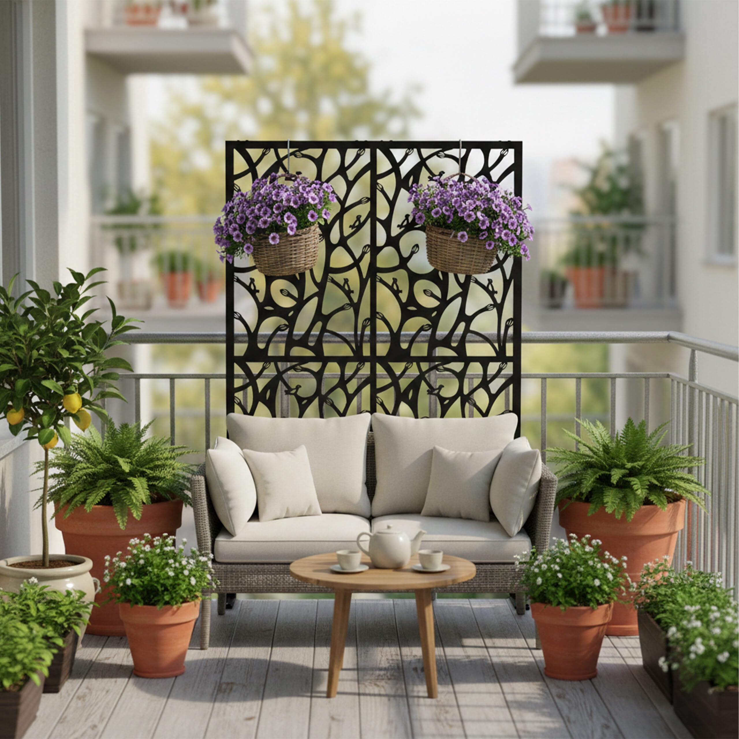 Relaxdays Sichtschutz, Ranken & Vögel, Garten, Balkon & Terrasse, Outdoor Paravant, HxB: 183 x 115 cm, Metall, schwarz