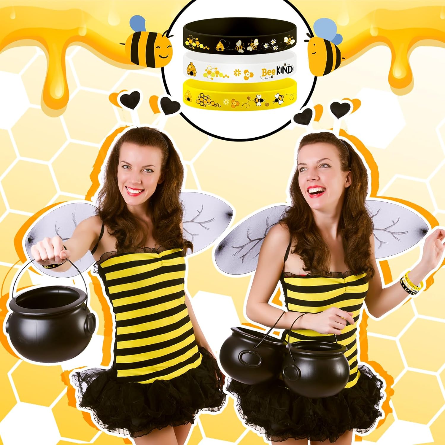 Poen 120 Pcs Bee Silicone Bracelets Bulk Assorted Color Honeybee Rubber Wristband for Summer Bee Theme Party Favors(Fresh Style)