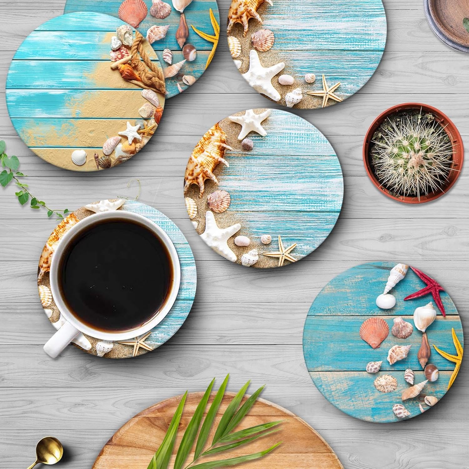 Britimes Coaster for Drinks Set of 6, Shells Blue Wooden Space Beach Table Absorbent Round Ceramic Stone Mat, with Cork Base and Metal Holder, Gift for Housewarming Room Bar Decor - Image 4